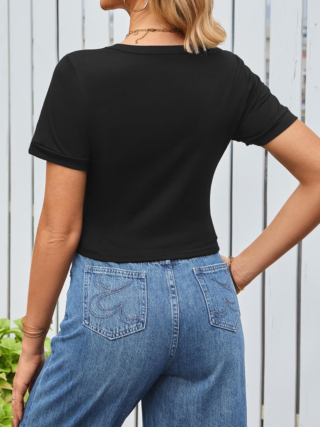 Hilinker Women Cut Out Crop Tops Sexy Short Sleeve T Shirts Slim Fit Casual Cropped Tees - Image 3
