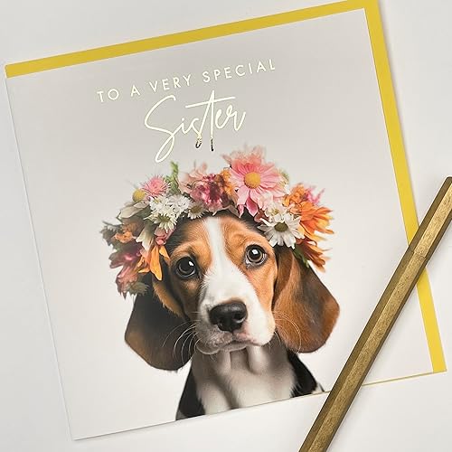 Miniatura 4 de Old English Co. - Tarjeta de felicitación para hermana de perro Beagle muy especial, bonita tarjeta de cumpleaños floral para ella, lindas tarjetas