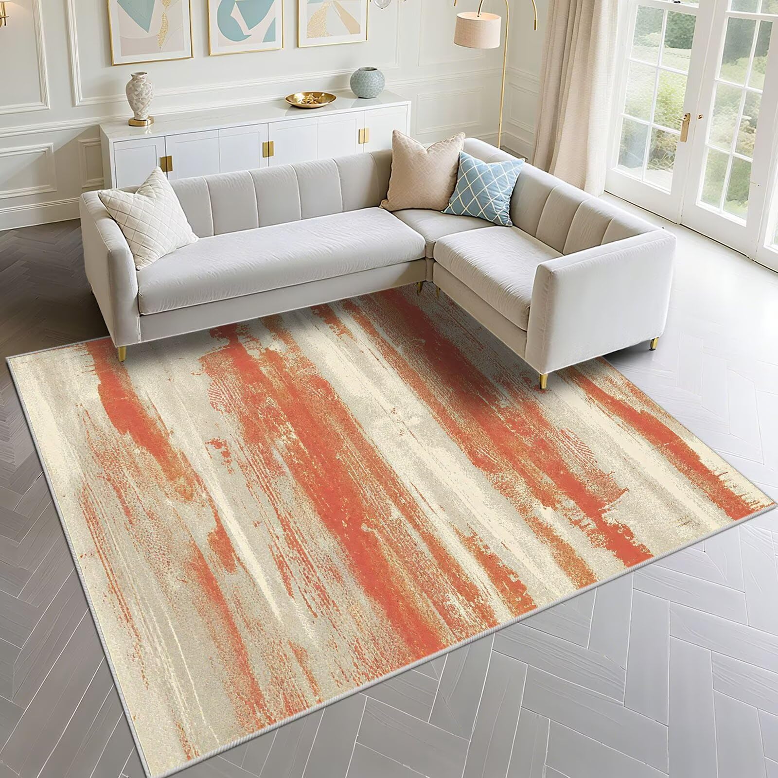 Tapis de porte d'entrée intérieur grand format 140x180cm orange et rouge abstrait