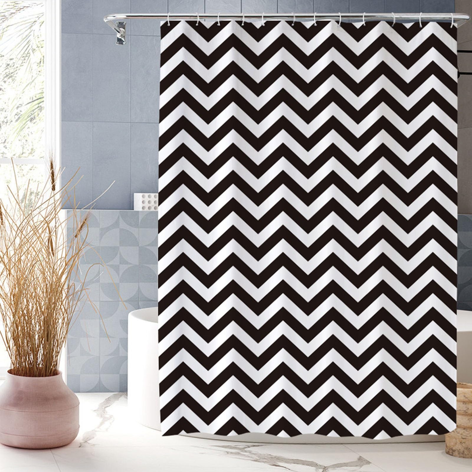 XUEDNGM Shower Curtain Anti Mould Weighted 160 x 160 cm(63 x 63inch) Quick-Drying, Washable, Weighted Hem, Customizable, with Hooks Heavy Duty Bathroom Curtains Bathtub Curtains, Black and White