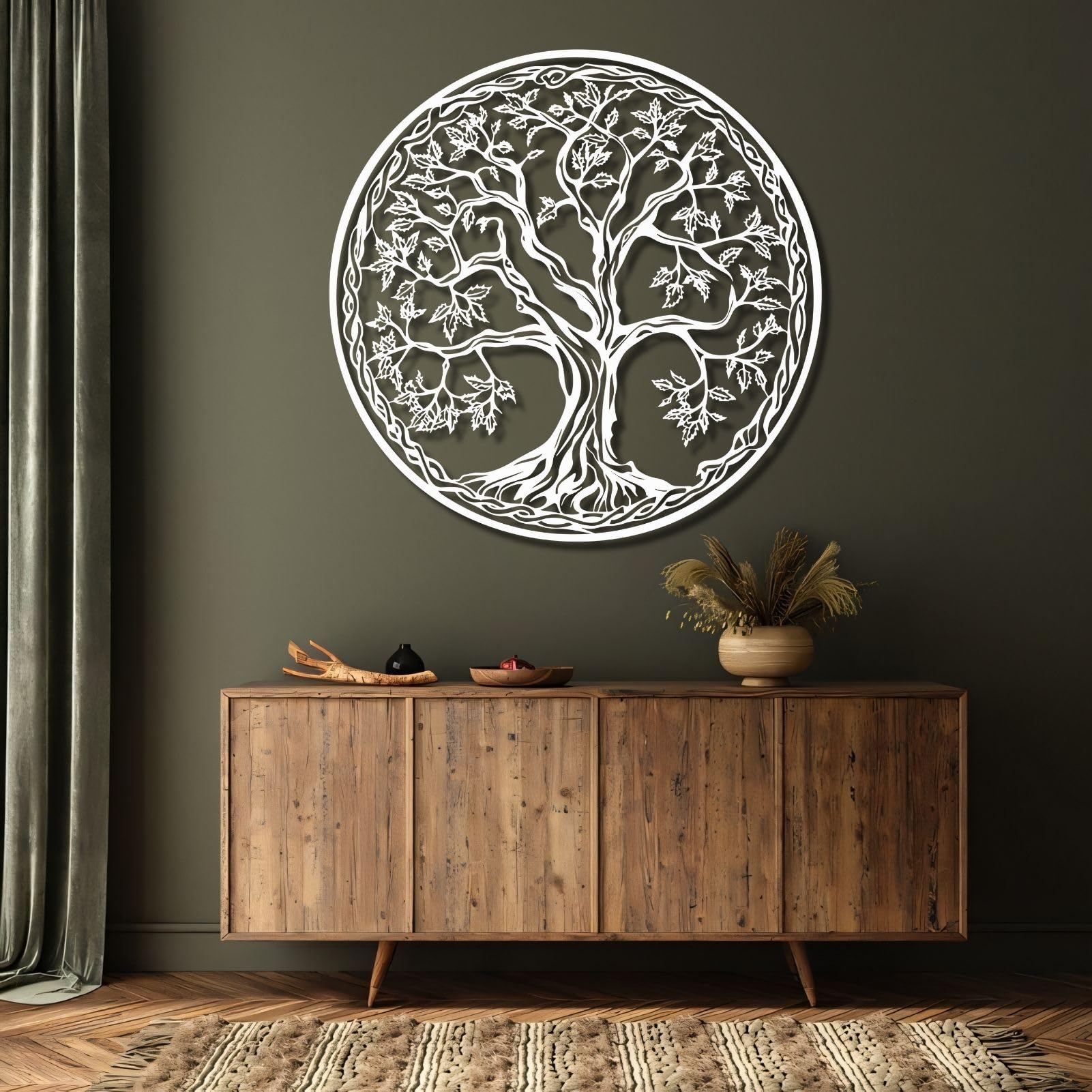 Decoración de pared de metal del árbol de la vida, silueta de sala de estar y dormitorio (47 x 47 cm, plateado)