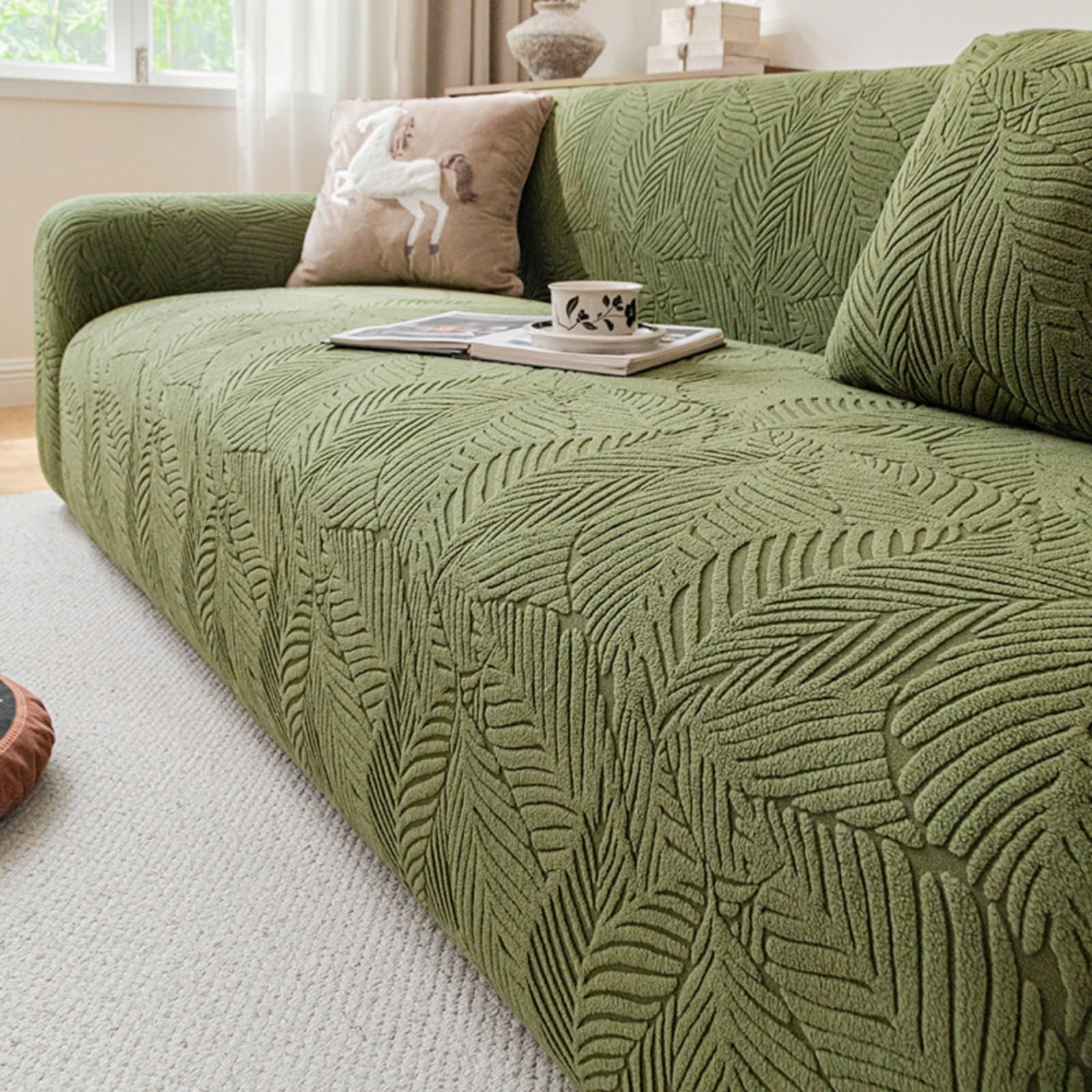 Odot Jacquard Feuille de Bananier Housse de Canapé (Vert,4 Places)