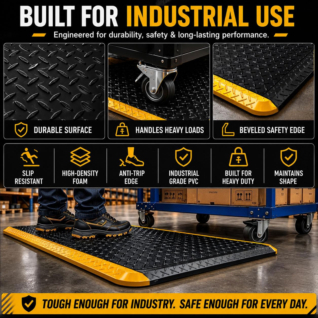 2 x 3 ESD Anti-Fatigue Conductive Mat Durable Heavy Duty Diamond Plate Non Slip Waterproof Floor Mats for Commercial&Industrial Work Thick 34 with Yellow Border product thumbnail 6