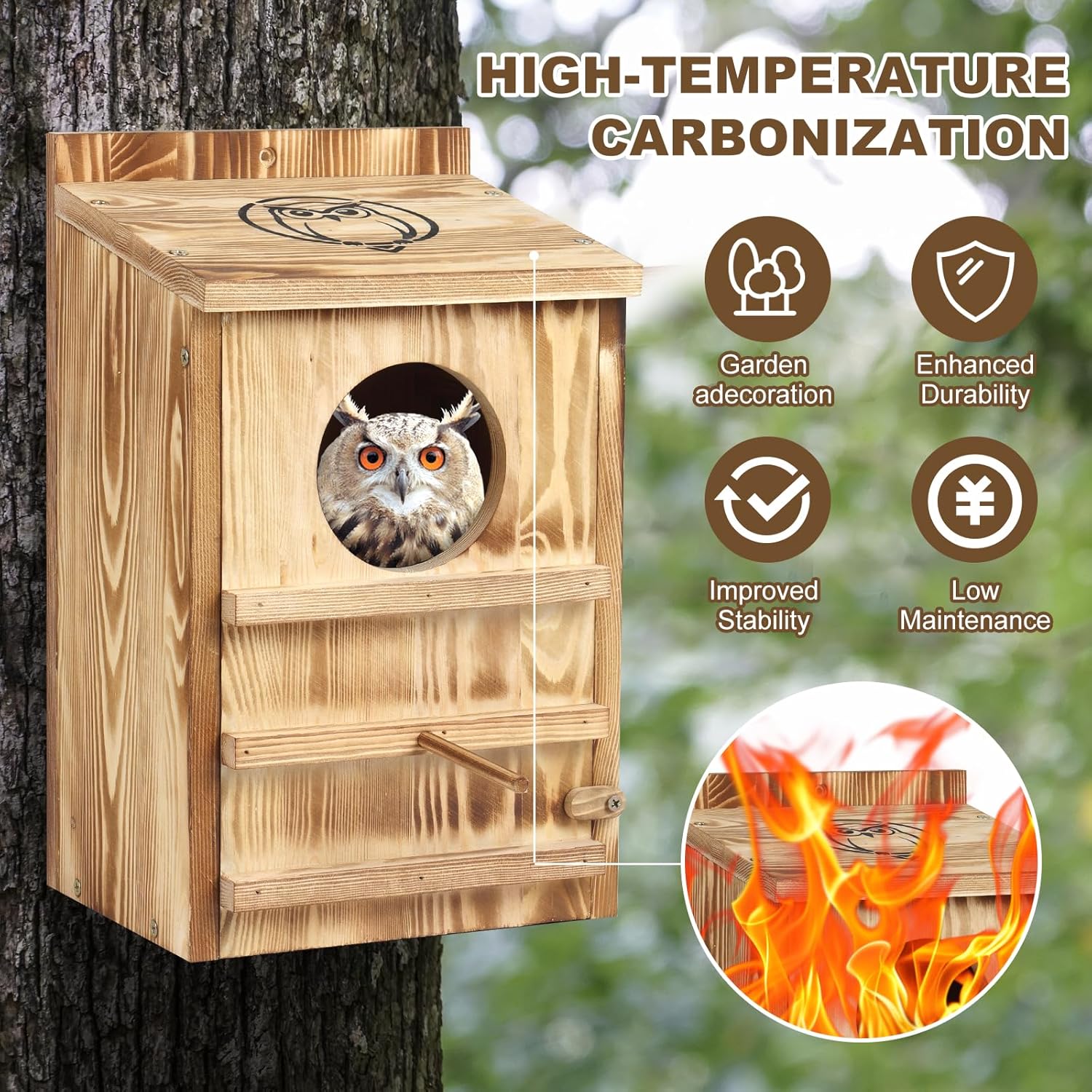 Owl House for Outdoors, Solid Pine Wood Barn & Screech & Barred Owl Nesting Box, Waterproof Anti-Predator Large Owl Boxes for Outside, Multi-Bird Friendly Bird House for Backyard 14.5×9×7.5 Inch