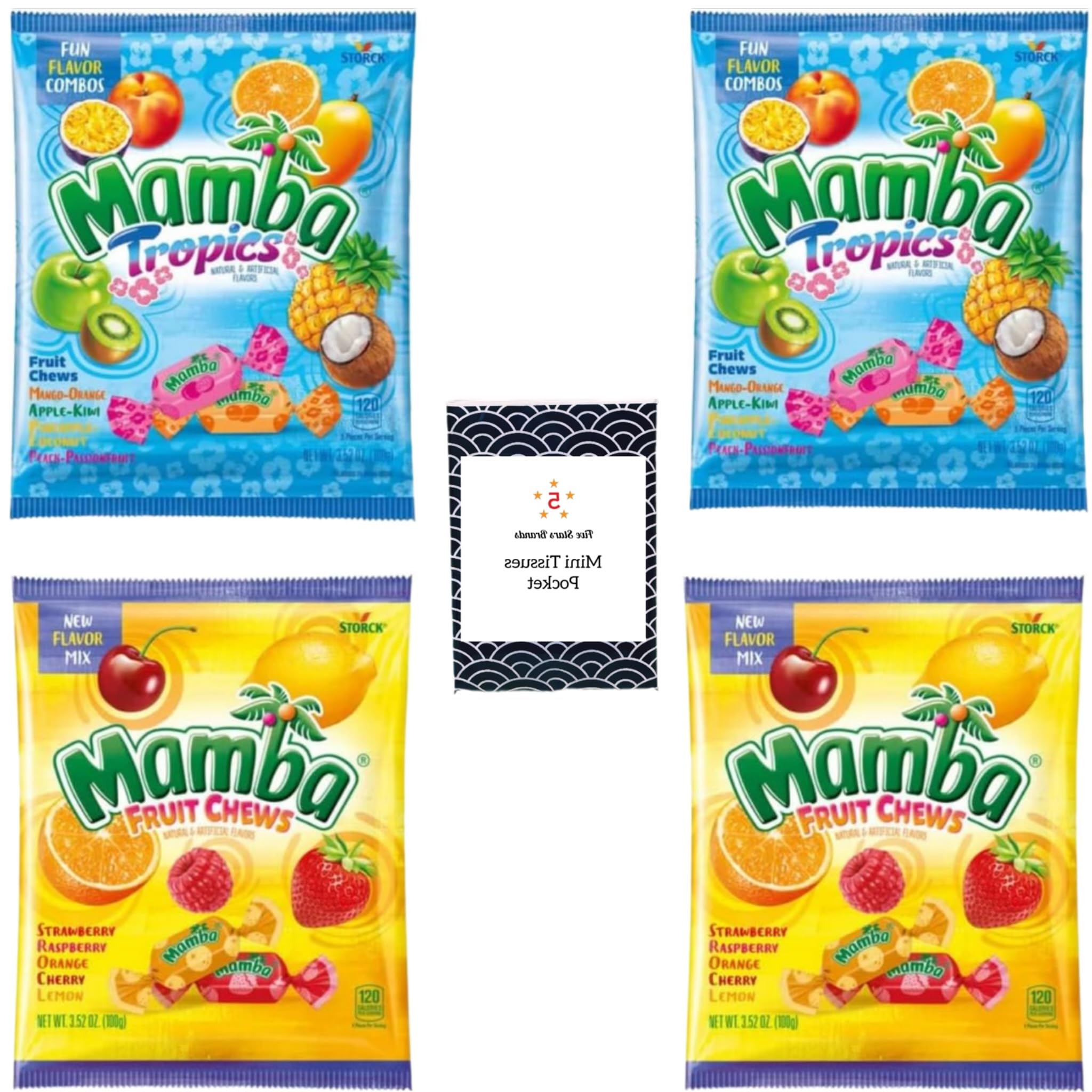Mamba Fruit Chews and Tropics Assorted Candy, Individually Wrapped Candies 3.52 oz (pack of 4) - Bundle with 1 pack of Five Stars Brands Mini Tissues Pocket