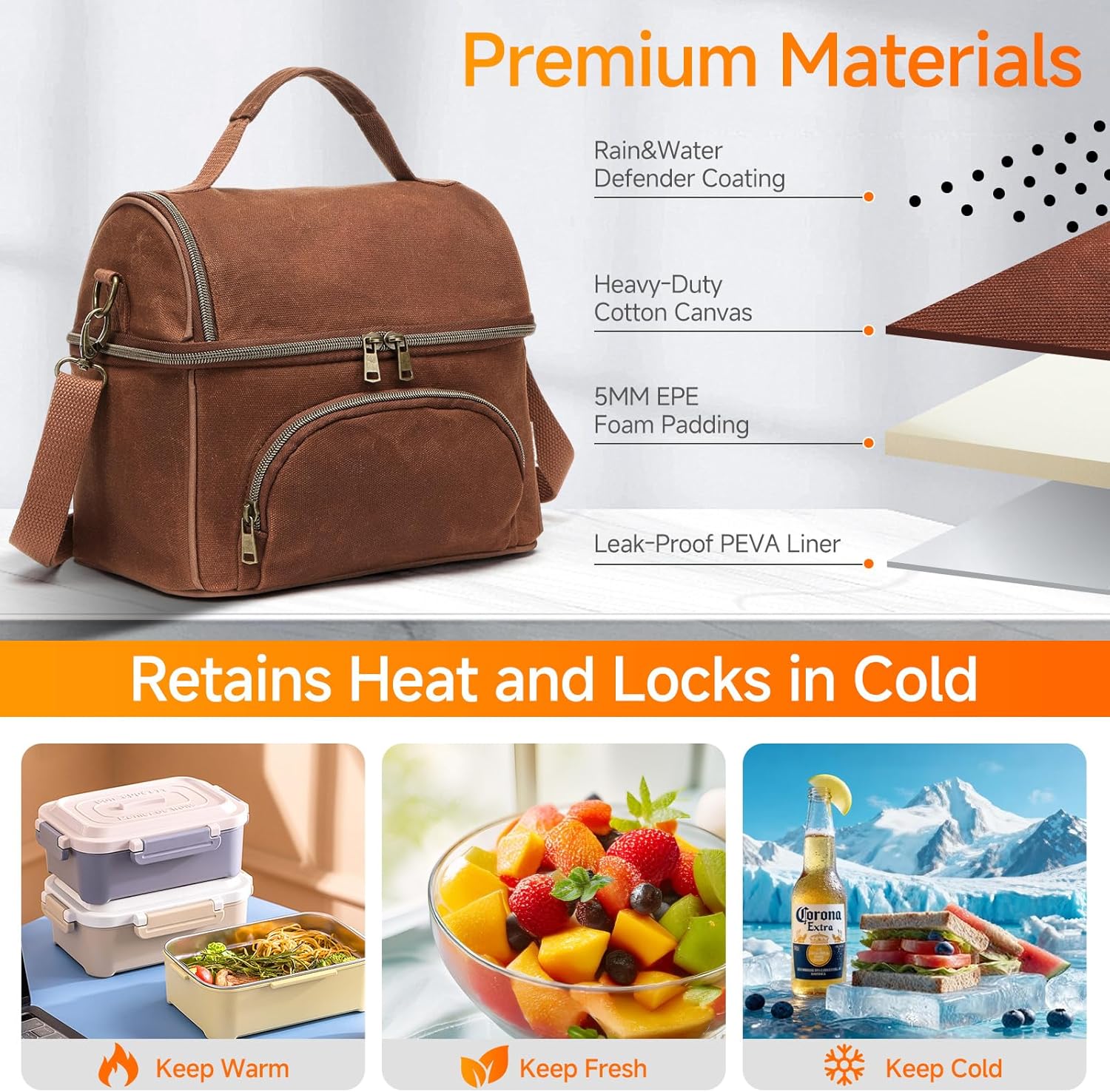 Waxed Canvas Lunch Bag for Men, Small Soft Cooler Bags Insulated with 2 Ice packs, Women Lunch Bags for Work, 10.5L 2 Compartments Leakproof Lunchbox for Work, Camping, Beach and Road Trips - Image 2