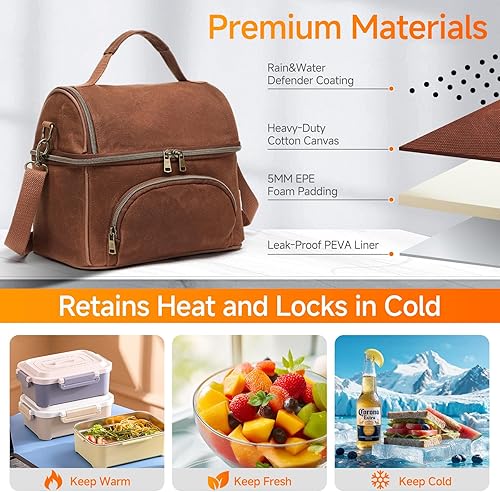 Miniatura 2 de Bolsa de almuerzo de lona encerada para hombres, pequeñas bolsas enfriadoras suaves aisladas con 2 bolsas de hielo, bolsas de almuerzo para mujer