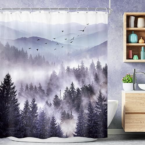 Miniatura 21 de Riyidecor Cortina de ducha de montaña verde rústica para baño, paisaje de bosque, paisaje, tela impermeable, paisaje alpino, decoración de baño