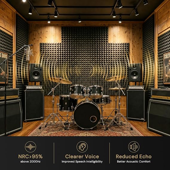 Focusound Acoustic Panels 50 Pack 2x12x12 with 300 PCS Double-Side Adhesive - Sound Proof Pyramid Foam for Walls, Home Studio Noise Absorption & Echo Control Kit