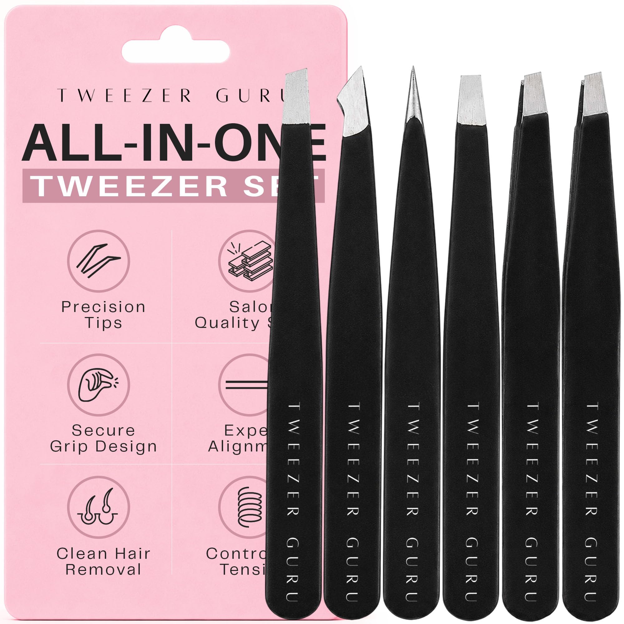 Tweezers Set 6-Piece - Tweezer Guru Stainless Steel Slant Tip and Pointed Eyebrow Tweezer Set - Great Precision for Facial Hair, Ingrown Hair, Splinter, Blackhead and Tick Remover (Black) (6-Pack)