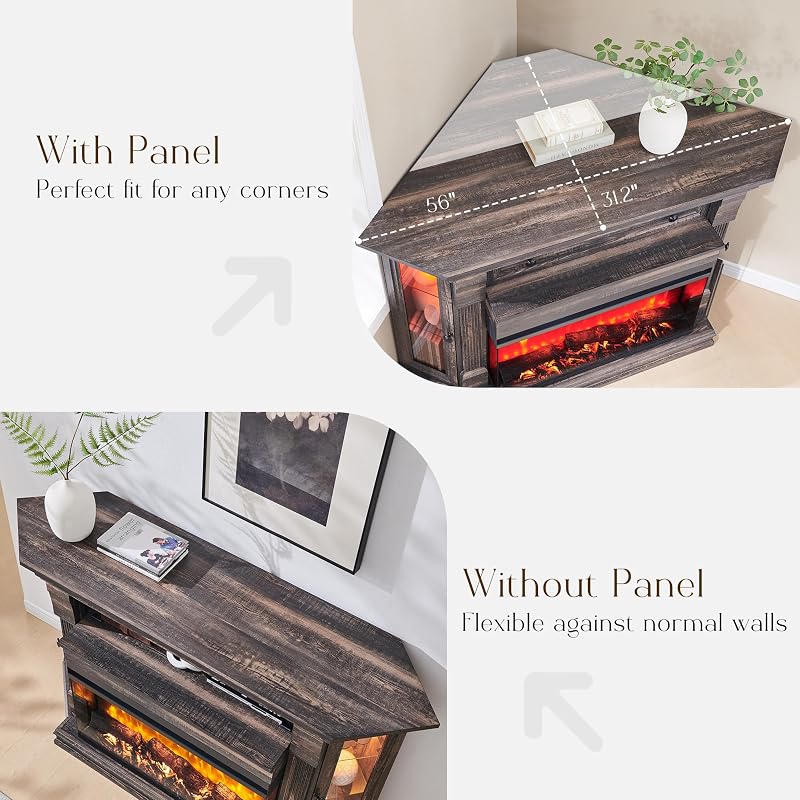 OKD 56" Farmhouse Corner TV Stand with 3-Sided Fireplace, Dark Rustic Oak image 5