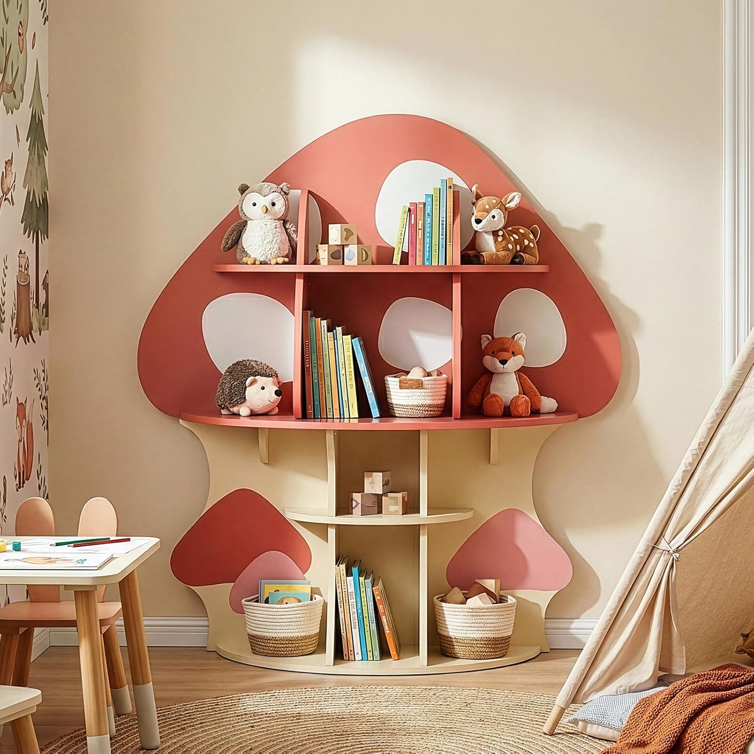 Karl home Children Mushroom Bookcase, Toddler Tree Bookshelf for Kids, Baby Montessori Bookshelf and Toy Storage, Kids Room Furniture, Display Shelf for Bedroom, Nursery, Playroom, Red-Orange