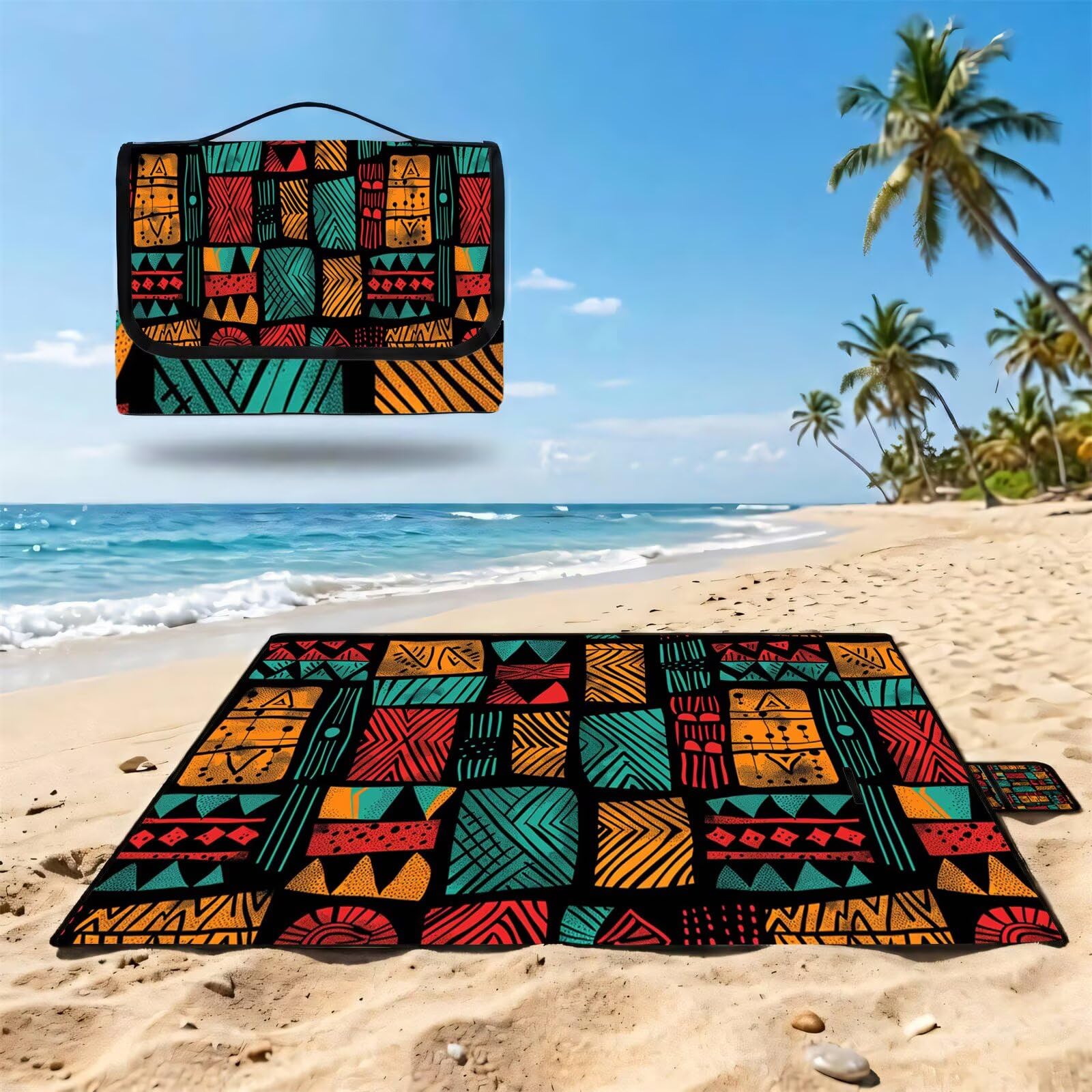 Couverture Pique Nique Grande 200x300cm,Outdoor Couverture Imperméable,Pliable Tapis de Plage Dos en PVC Anti-Sable,Picnic Blanket pour Camping Accessoires,Jardin,Parc,Famille - Patchwork,rétro UZ-832