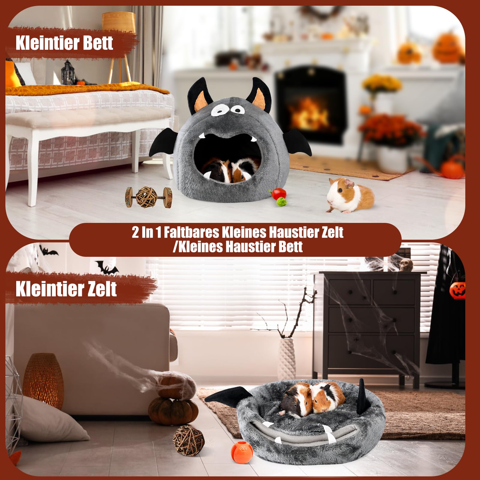 Meerschweinchen Haus, Halloween Stil Meerschweinchen Bett, Kaninchenbett, Kaninchen Haus, ideales Zubehoer für kleine Haustiere, Fledermaus Form, Dunkel Grau - 3