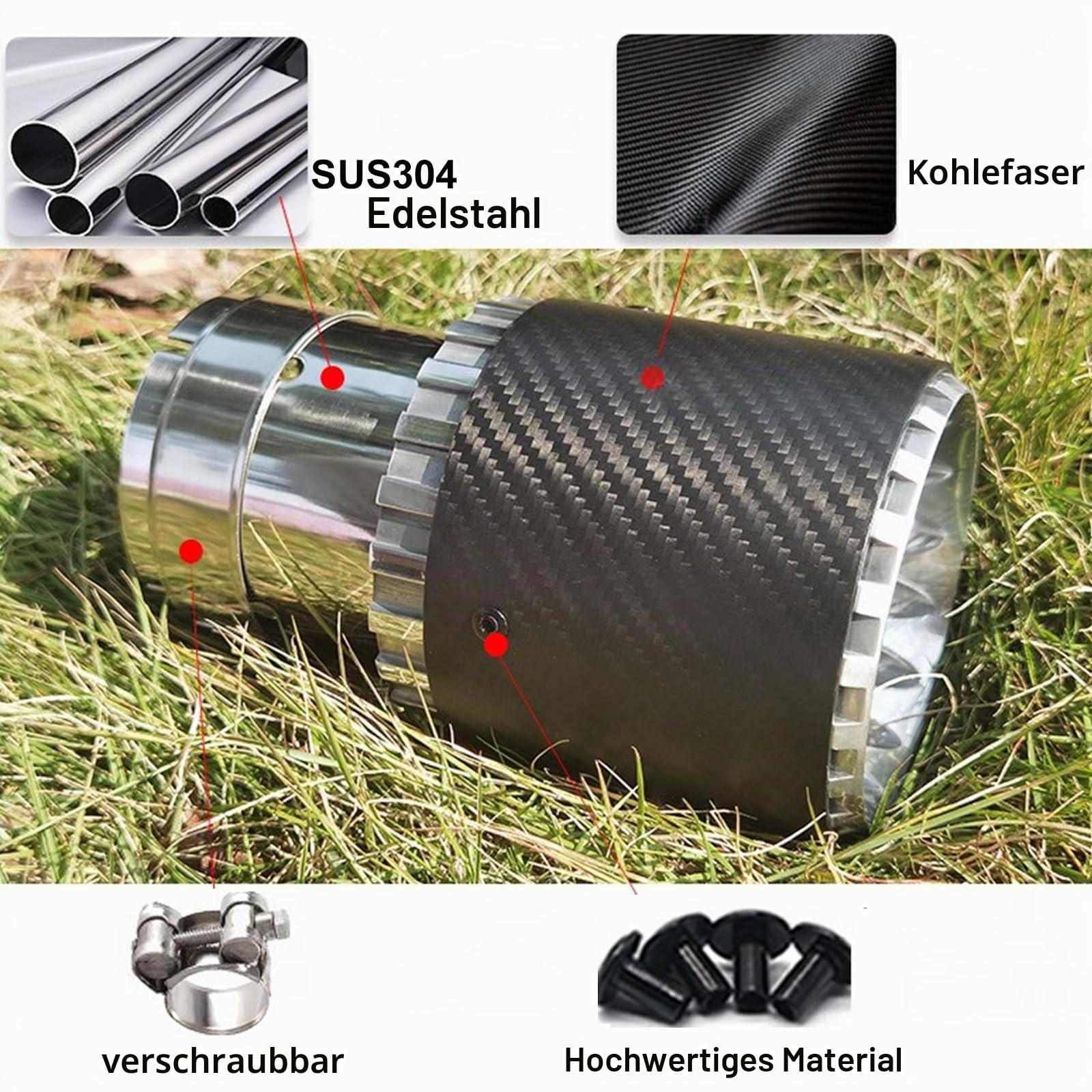 2,5" Auto Auspuff Endrohr Schalldämpfer Spitze für 63mm Einlass Auspuffrohr Edelstahl und Kohlefaser Endrohr Hinten Endschalldämpfer Auspuffendrohr Ende Kehle (Silber Schwarz, Stück, 1)