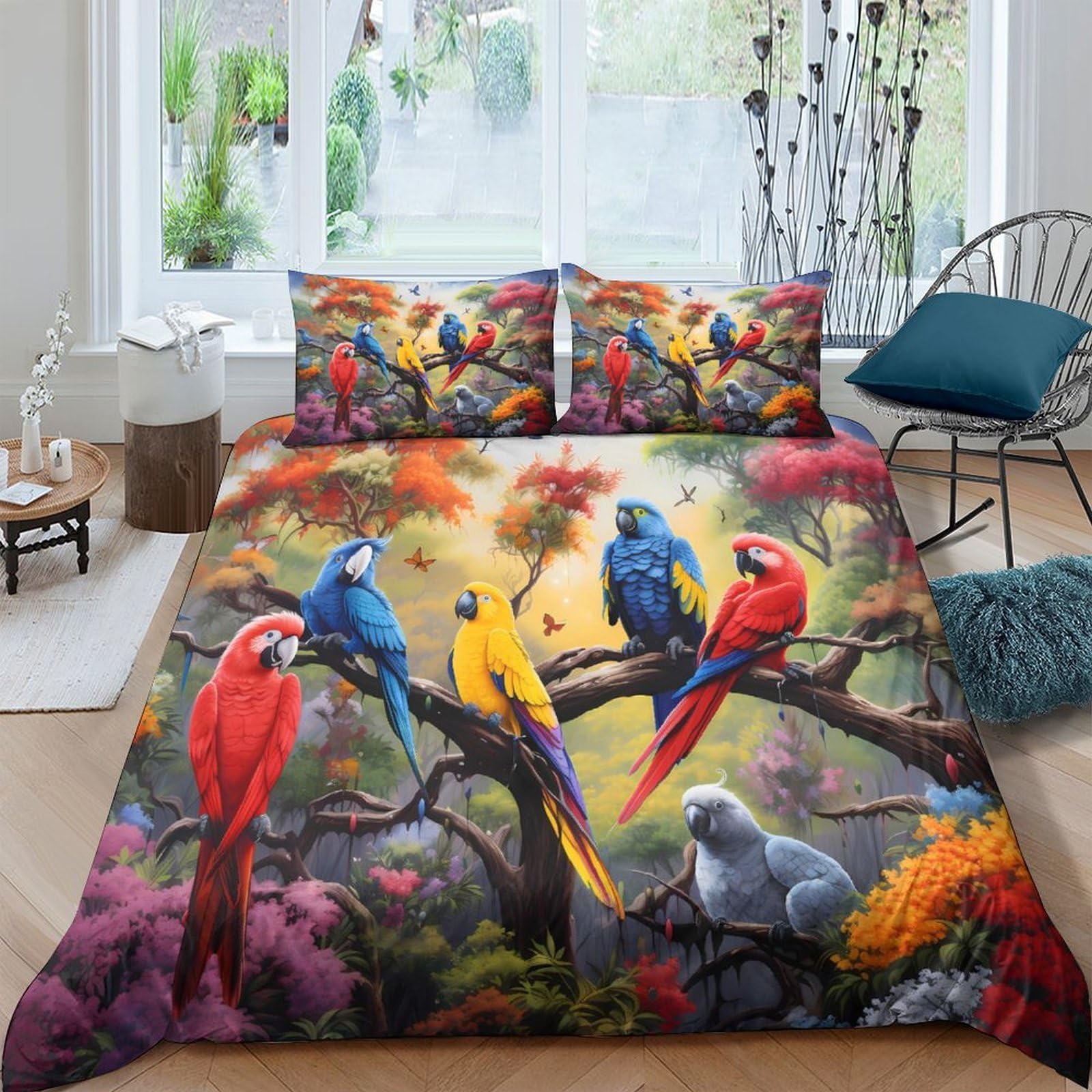 Ctjqhvkz Style-4 3D Printed Colorful Parrot Fitted Sheet Microfiber Soft Tropical Rainforest Mattress Cover For Bedroom Dorm Bed Decor Single（135X200cm）