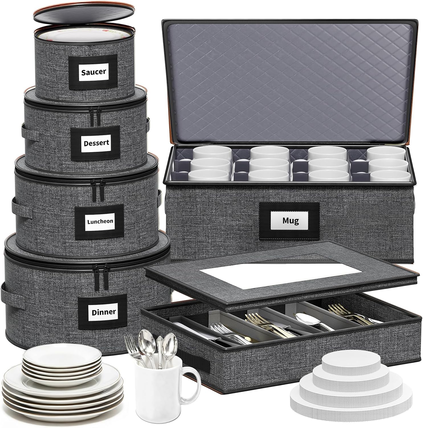 Aokeyee 2-Pack Silverware Storage Box, Sturdy Flatware Organizer with 5 Compartments & Adjustable Dividers, Upgrade Utensil Case with Clear Lid & Handle for Knives, Forks & Spoons, Gray