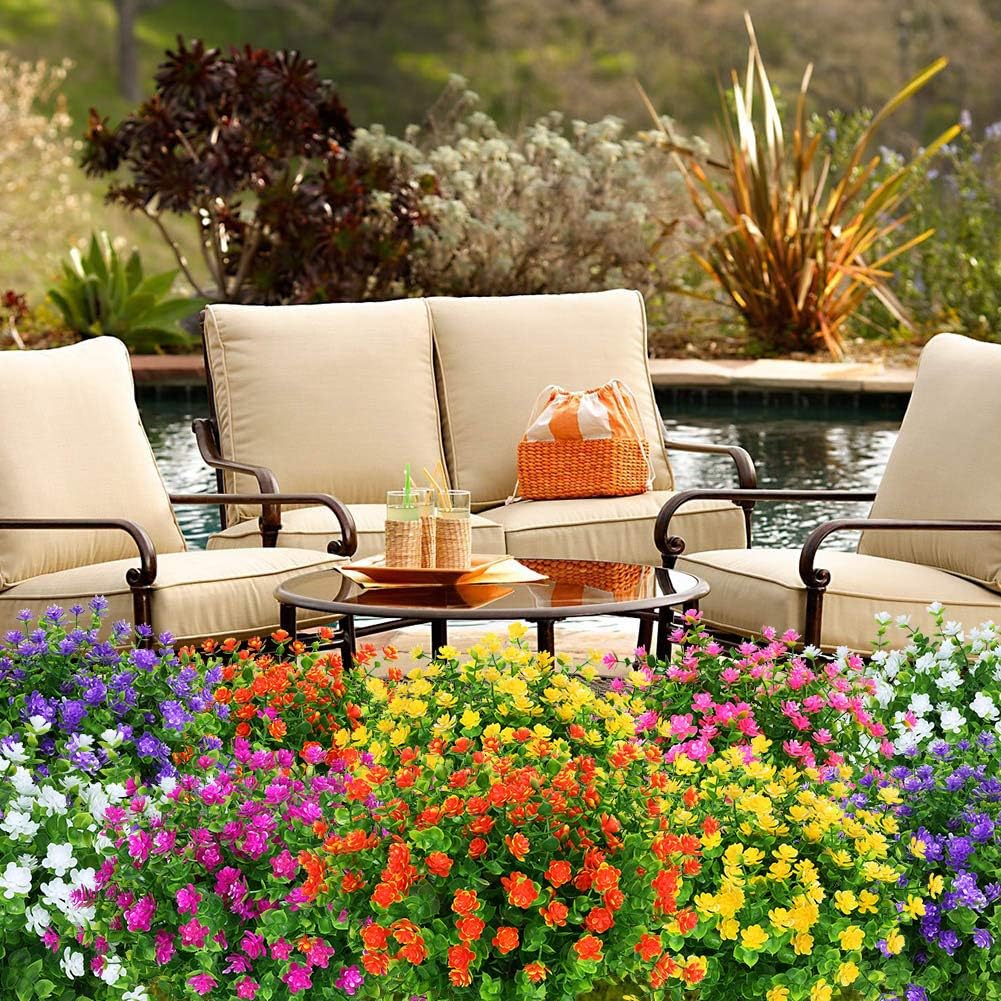 Artificial Flowers Fake Outdoor UV Resistant Boxwood Plants Shrubs, Faux Plastic Greenery for Indoor Outside Hanging Planter Home Office Wedding Farmhouse Decor (Orange Red) - Image 6