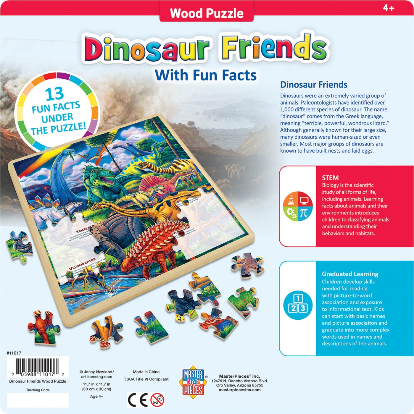 Masterpieces 48 Piece Fun Facts Jigsaw Puzzle for Kids - Dinosaur Friends Wood Puzzle - 12"x12" - Image 3