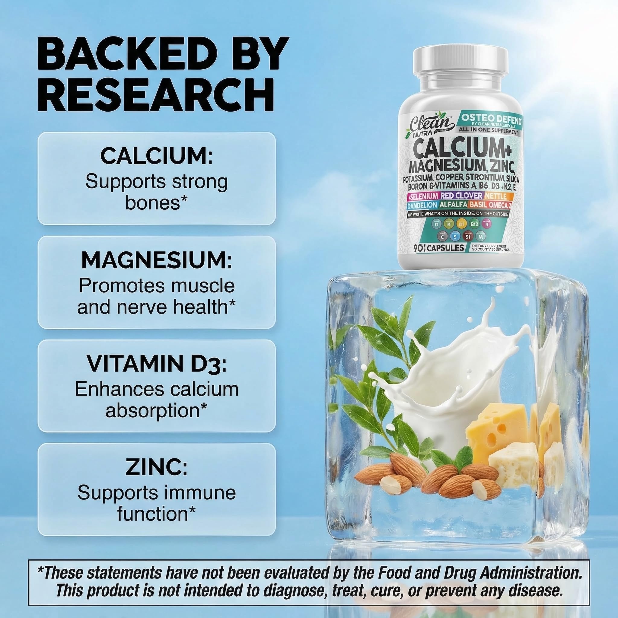 Allin1 Calcium Magnesium Zinc Supplement with Potassium, Copper, Strontium, Silica, Vitamin D3 K2, Boron, Vitamin B1 B12 Red Clover Herb Alfalfa Basil Pills for Men & Women Clean Nutra Osteo Defend — Amazon image 3