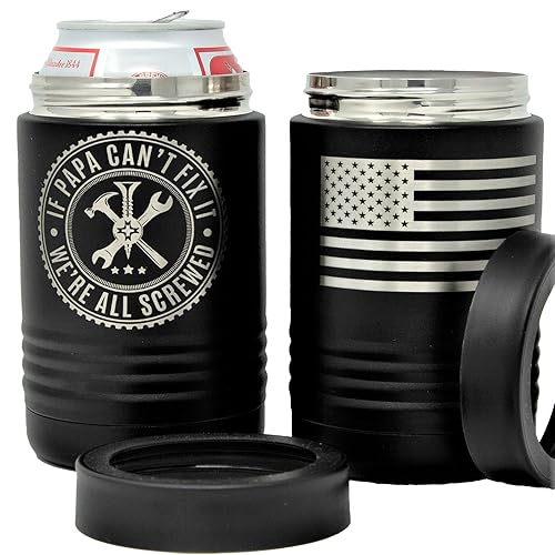 Stainless Steel Can Cooler - If Papa Can't Fix It We're All Screwed - Double Wall Vacuum Insulated Can Cozy Sleeve For Dad - Father and Grandpa