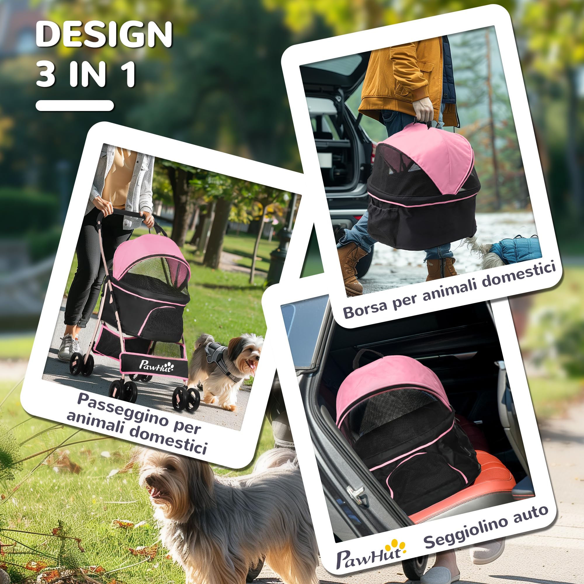 PawHut Passeggino per Cani 3 in 1 Pieghevole Convertibile in Borsa da Trasporto, Seggiolino Auto con 2 Guinzagli, Cuscino, Passeggino per Animali in Acciaio, Tessuto Oxford, 82x49.5x98cm, Rosa