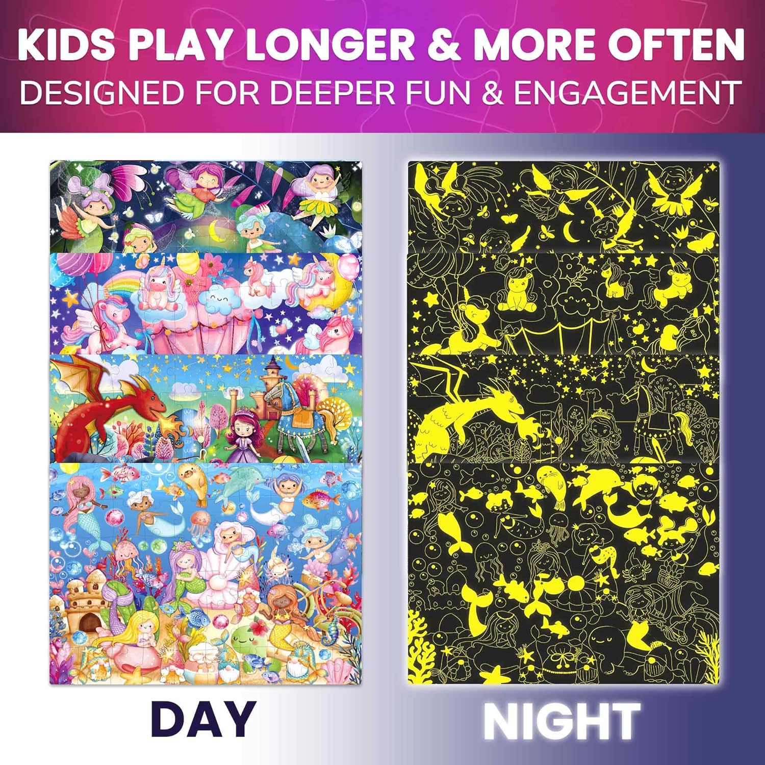 QUOKKA 4x60 Piece Puzzles for Kids Ages 4-6 – Glow-in-The-Dark Puzzles for Kids 4-8 I Unicorns, Mermaids, Fairy Tale I Fun Educational Toddler Puzzle for Boys and Girls – Educational Game Toys Gift