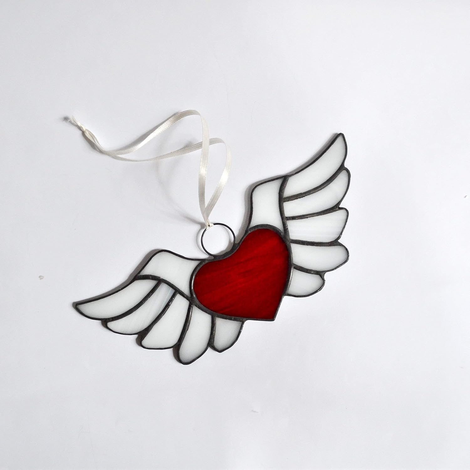 Red Heart with Angel Wings Stained Glass Suncatcher for Window Hanging or Wall Decor, Unique Winged Heart Decoration, Handcrafted Art Panel Home Office Dorm, Romantic Valentines Day Anniversary Gift