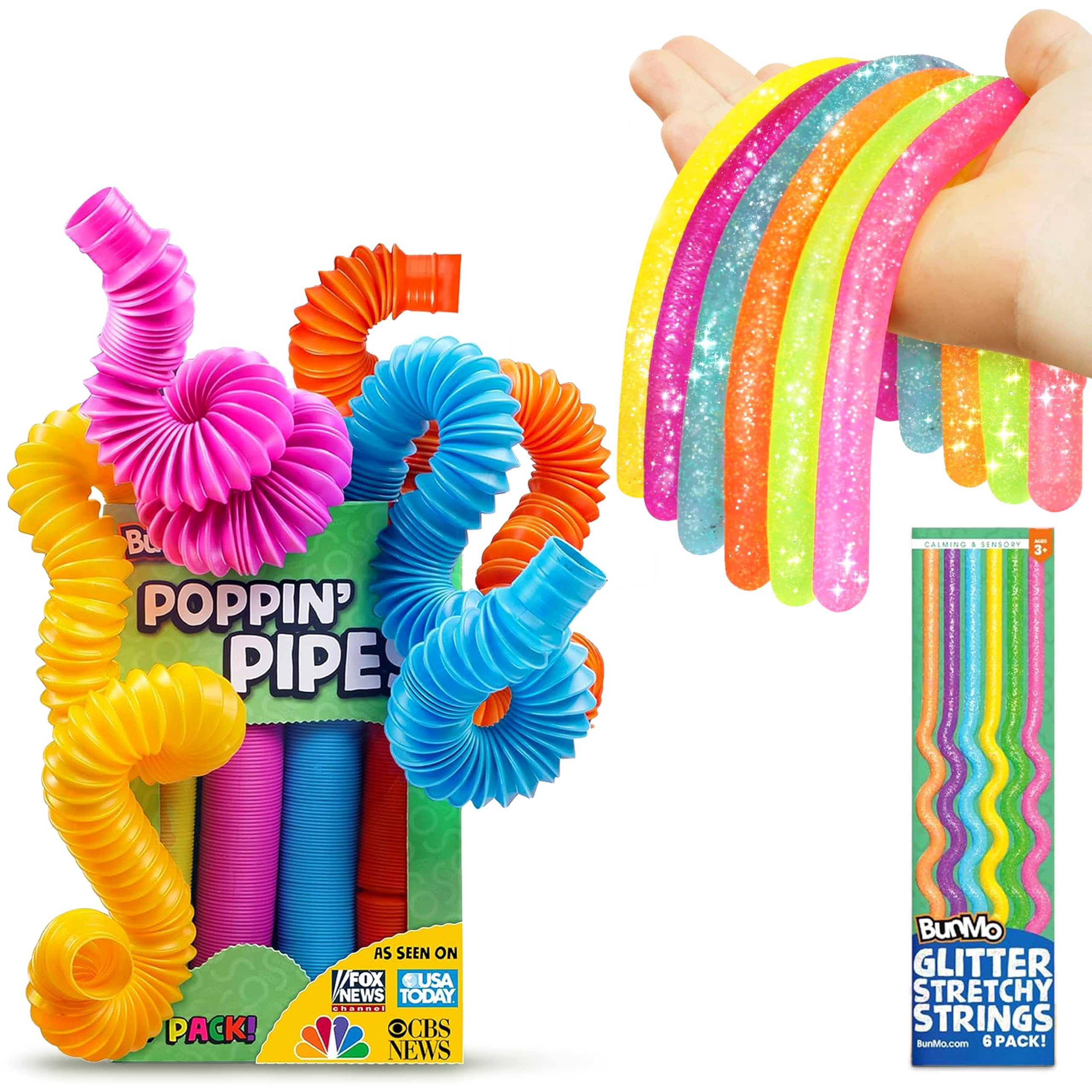 BUNMO Bundle with Pop Tubes &amp; Stretchy Strings Glitter - Sensory Toys for Toddlers - Toddler Toys - Stimulating Sensory Toys for Kids - Fidget Toy - Connect, Stretch, Twist &amp; Pop