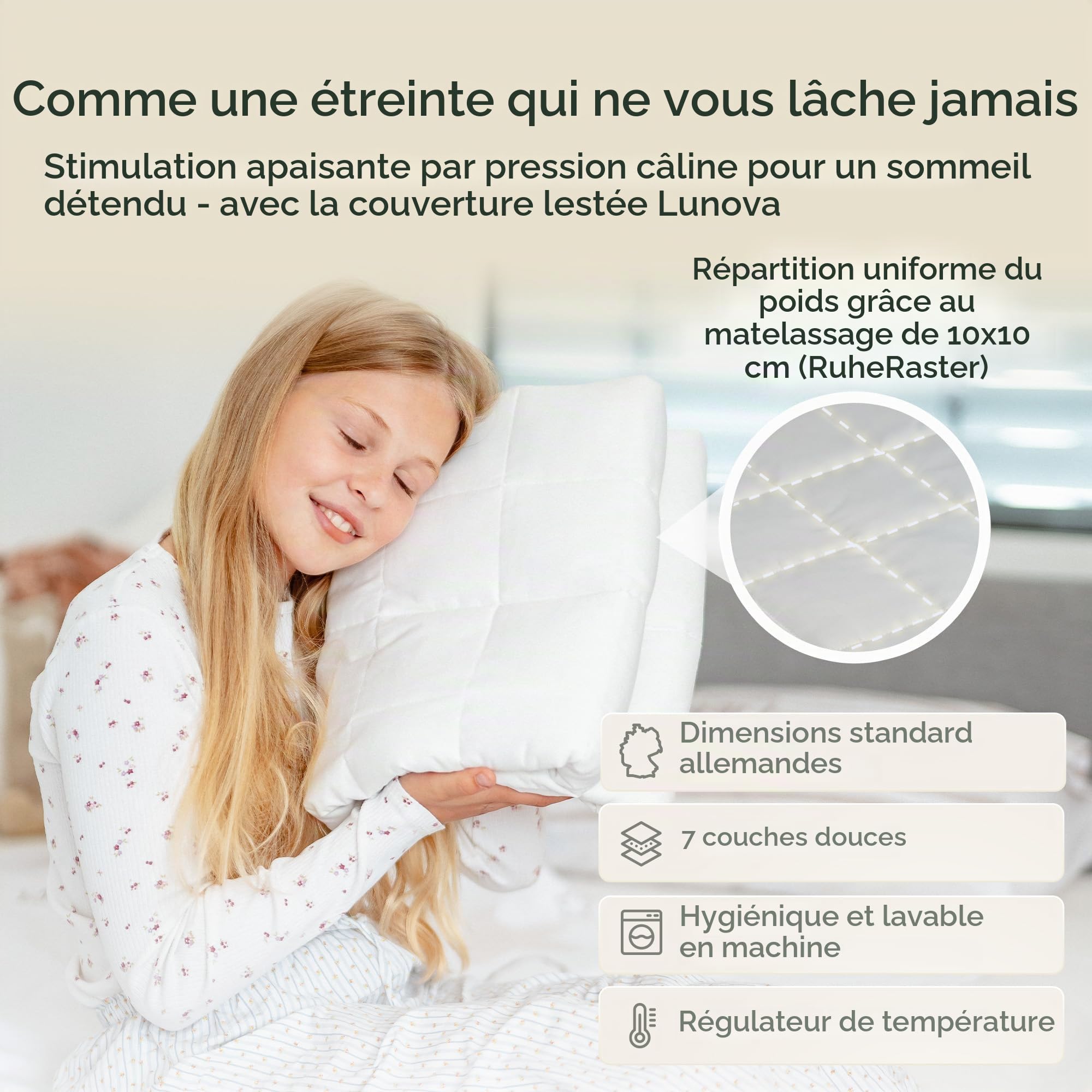 LUNOVA Couverture lestée pour enfant [Nouveau 2025] | 2 kg | 90 x 120 cm – Coton Oekotex [Poids corporel 15-25 kg] Lavable Couverture thérapeutique pour se détendre