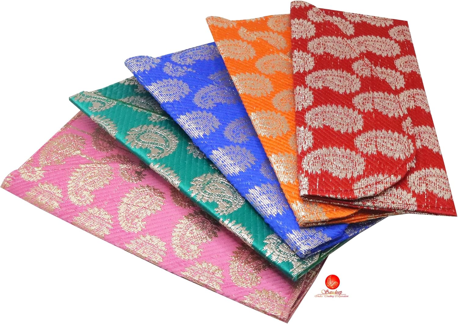 Saudeep India Premium Raw Silk Fabric Brocade Design Money Gift Envelopes for Wedding/Marriage/Birthday(Assorted Colors) (Pack of 15)