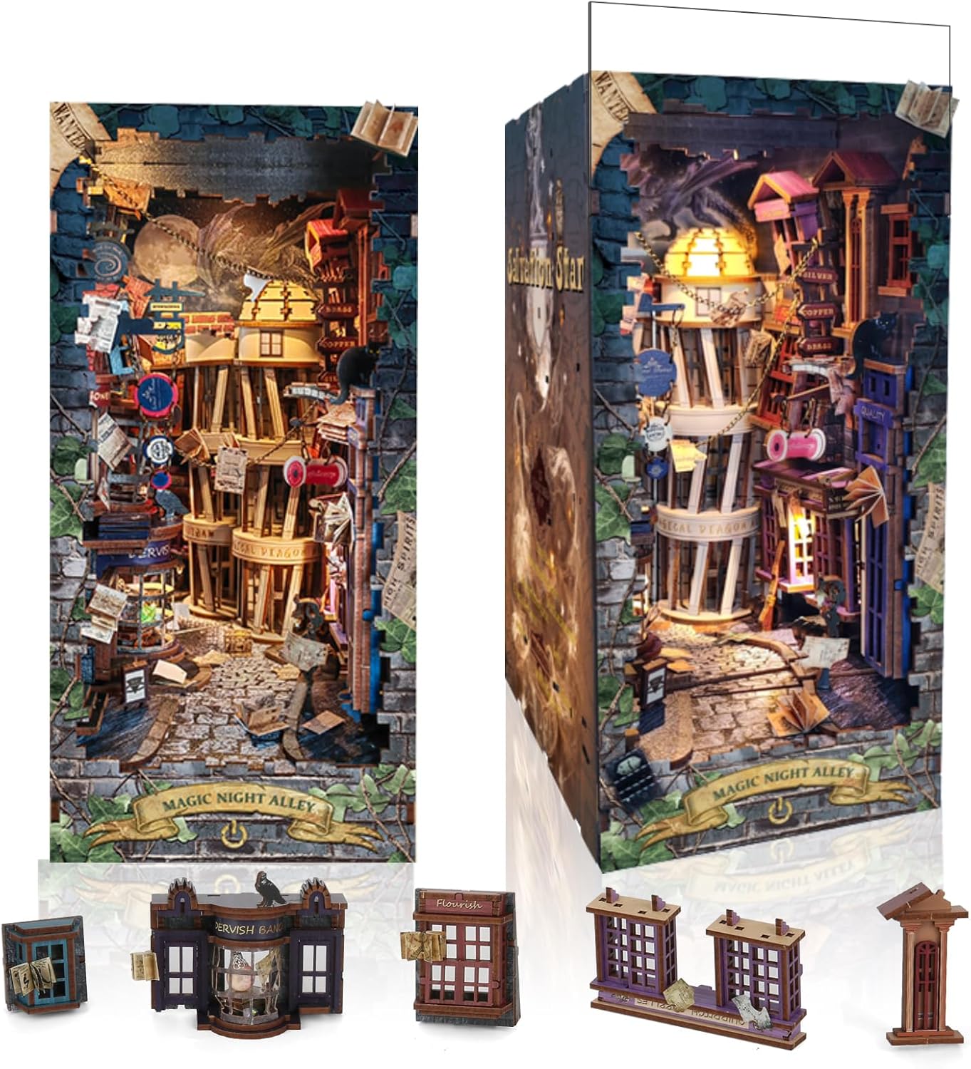 DIY Book Nook Kit,Dollhouse Booknook Bookshelf Insert Decor,3D Wooden Puzzles with LED Dust Cover,Book Nook Miniature Kit,Birthday Halloween Home Decor for Teen Adult-Magic Night Alley