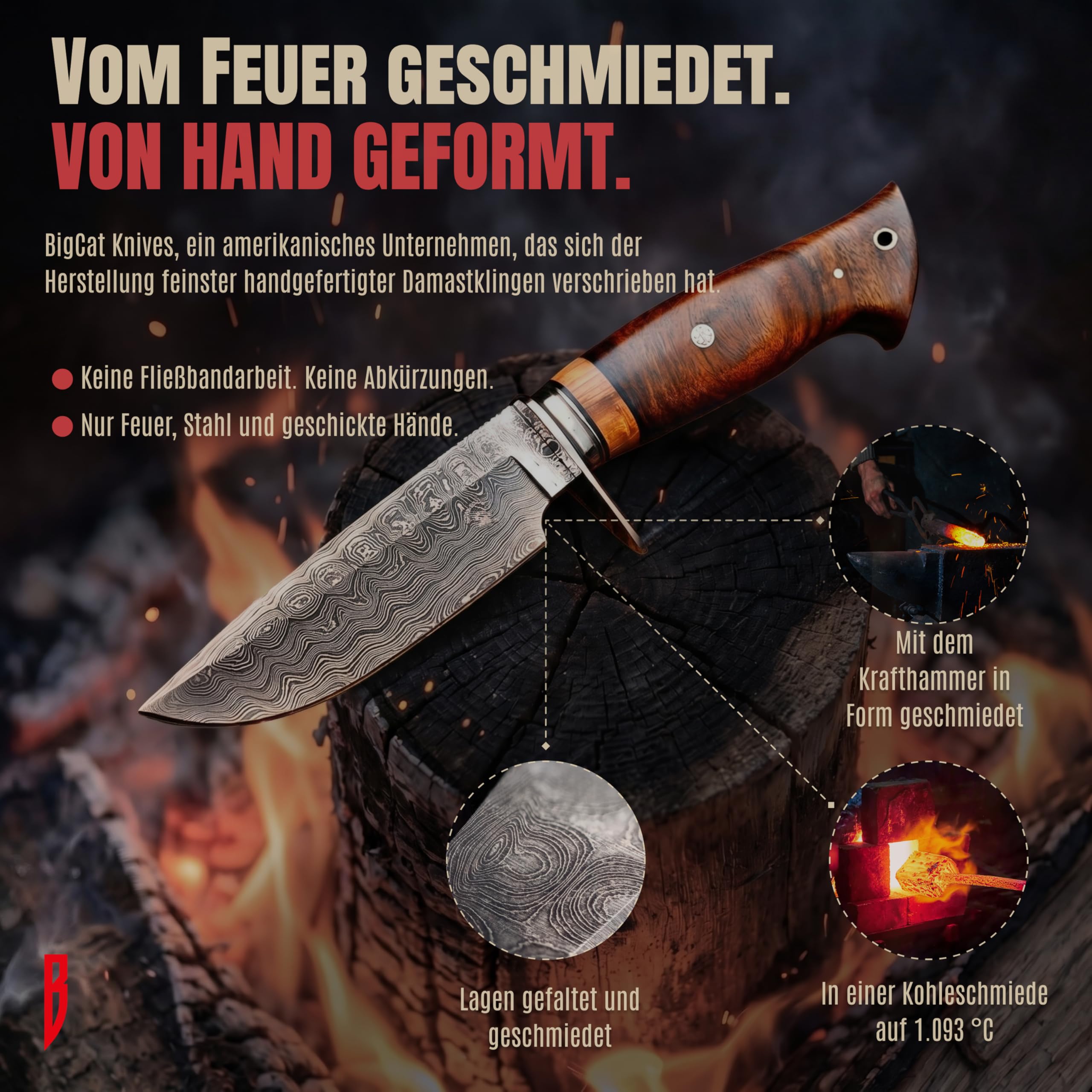 BIGCAT ROAR Wild Tiger Damaststahl Messer 10 Zoll - Full Tang - Walnussholzgriff & Lederscheide - Outdoor Camping Survival Bushcraft