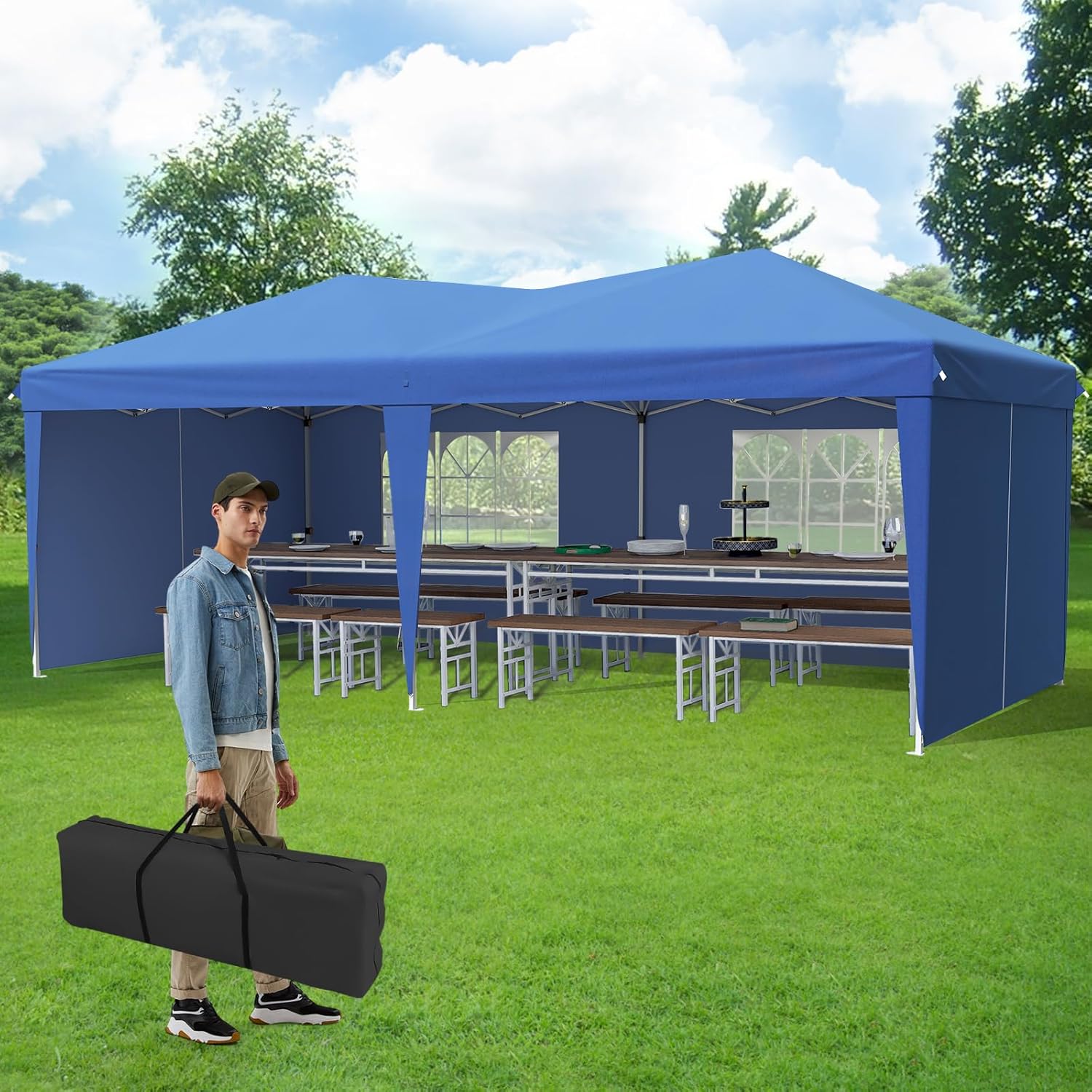Upgraded 10x20 Canopy with Removable Sidewalls, Waterproof Heavy Duty 10x20 Pop Up Canopy with Sand Bags, Sun-Resistant Blue Foldable Event Tent with Carry Bag for Wedding, Party, Backyard Blue Type B