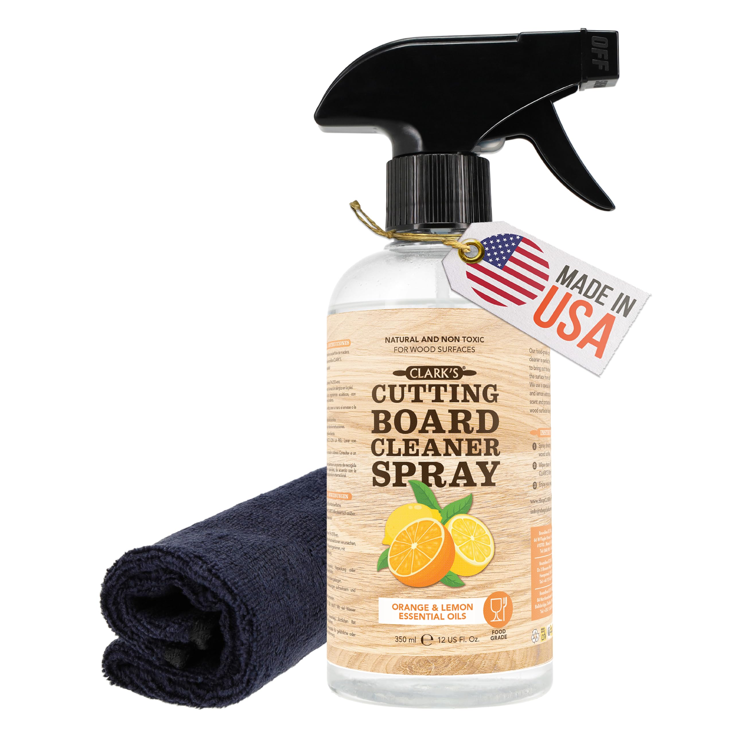 CLARK'S Natural Cutting Board Spray Cleaner, with Microfiber Cloth, for Wood Countertop – Pure Ingredients Filtered Water, Distilled Vinegar, Castile Soap, Lemon & Orange Citrus Oil Extracts, 12oz