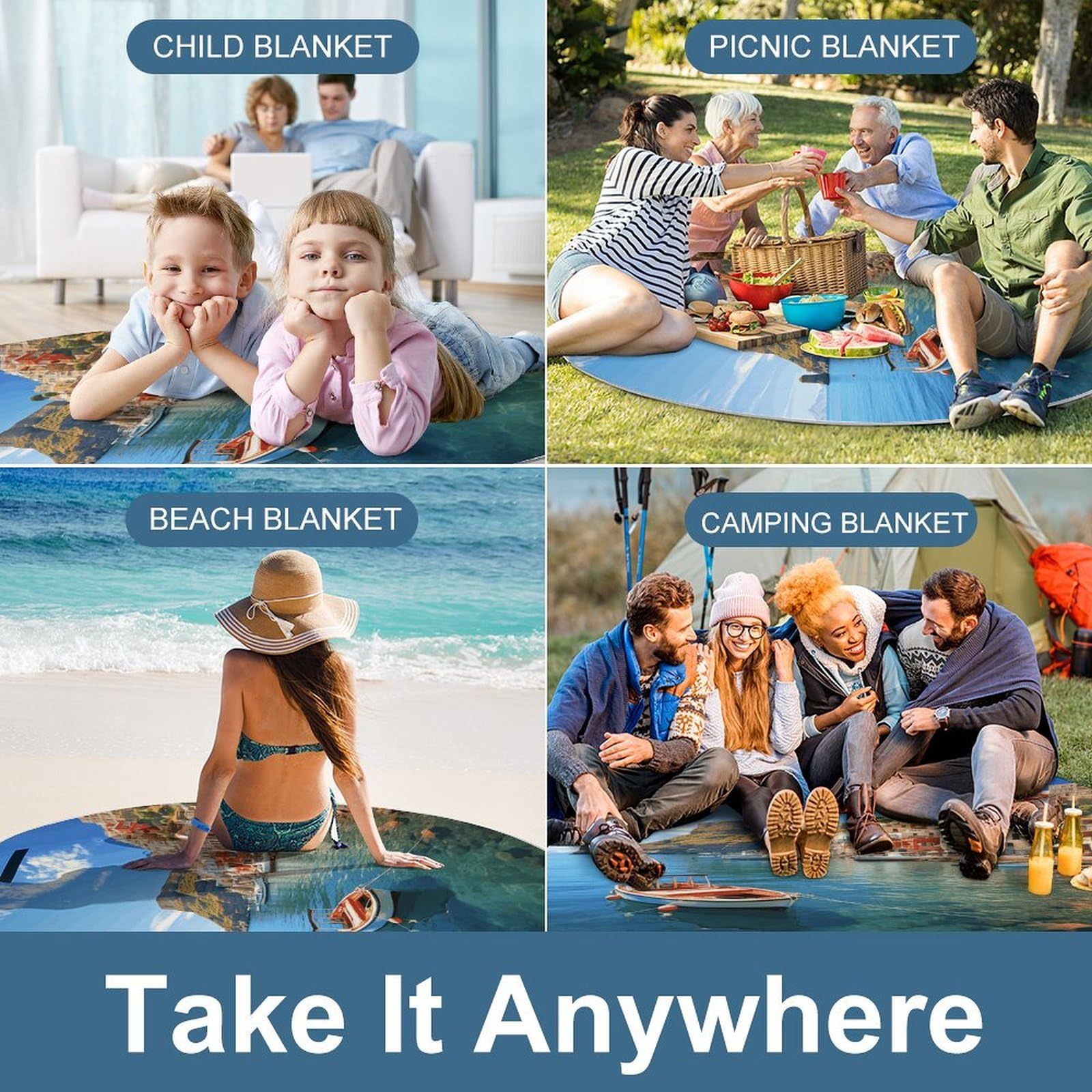 Nadmorskie miasteczko koc piknikowy, okrągły, składany, lekki, wodoodporny koc plażowy, koc outdoorowy, na wiosnę, lato, kemping, do parku, trawy podróżnej