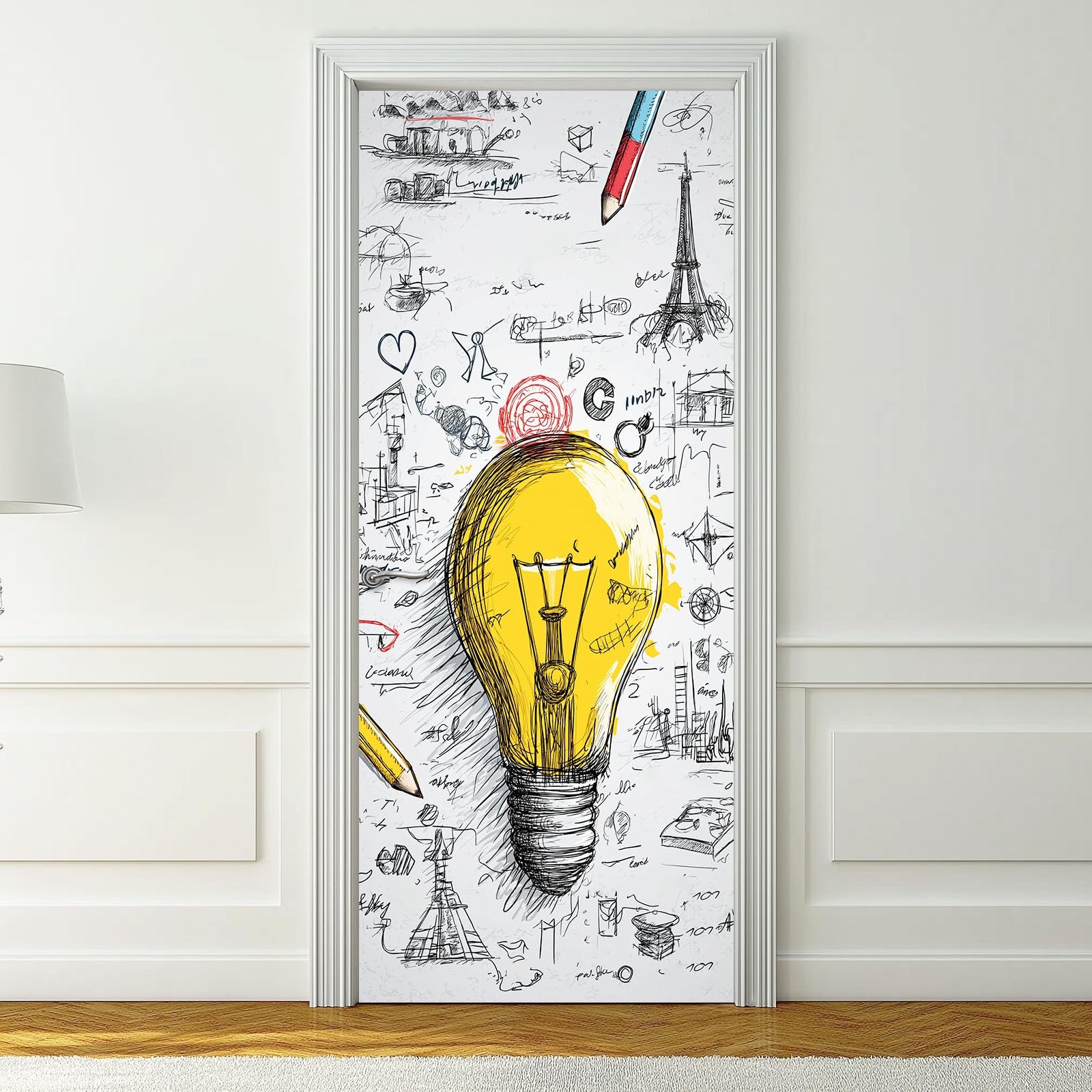Naklejka na drzwi 3D, samoprzylepna, PCW, 90 x 200 cm, zdejmowana, szara, wodoszczelna, do sypialni, kuchni, łazienki, biura, dekoracja na drzwi - nowoczesna ilustracja Doodle żarówka motyw wnętrza