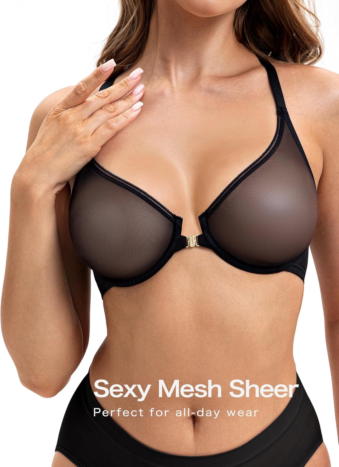 Deyllo Women's Front Closure Sexy See-Through Underwire Bra Sheer Unlined Racerback Bra for Everyday(Black,40 C) - Image 2