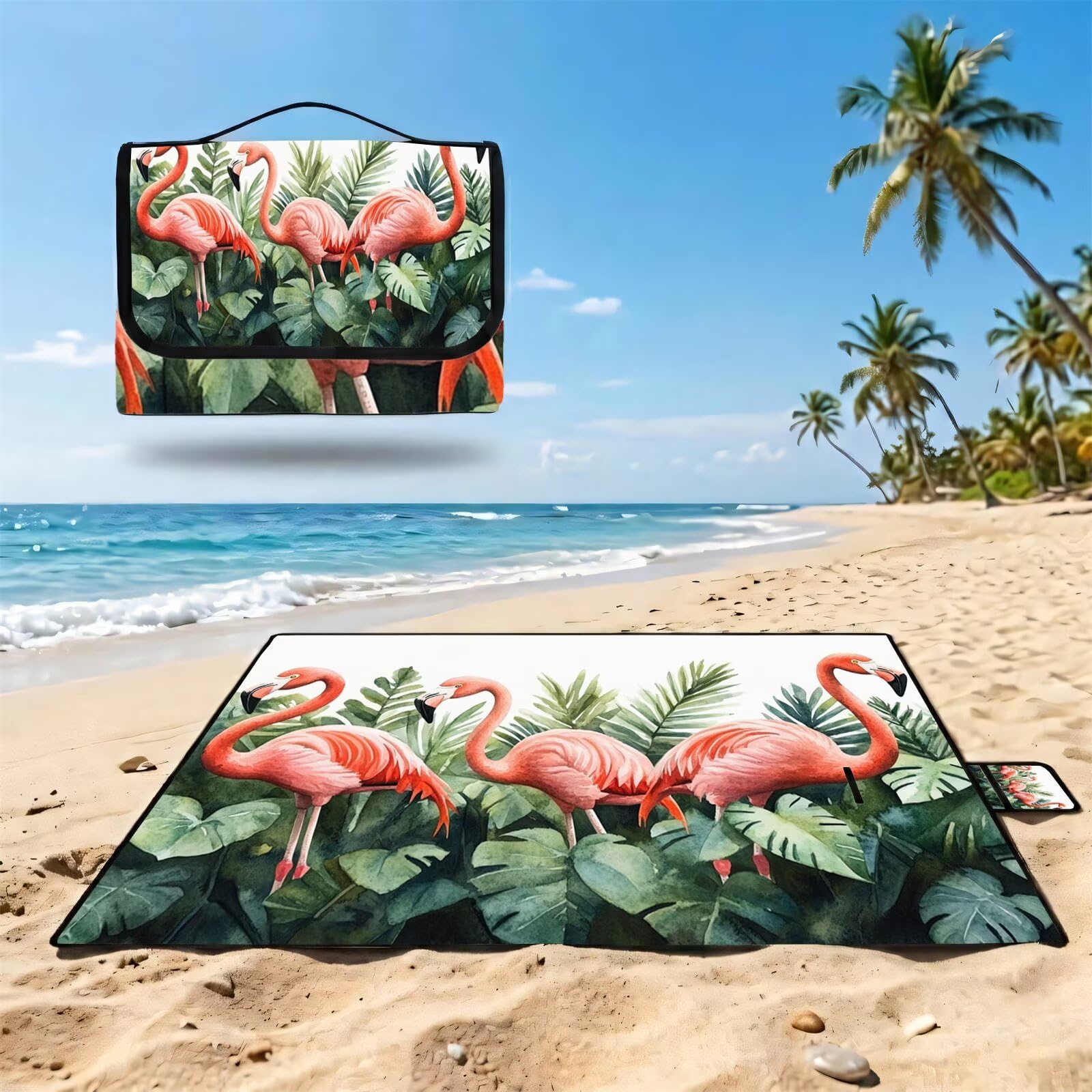 Grande Coperta de Picnic 200x300 cm,Fenicotteri Manta Picnic Impermeable Anti-Sabbia Manta de Playa Pieghevole,Outdoor Picnic Blanket per Spiaggia,Camping,Giardino,Trekking - piante tropicali FZ-64