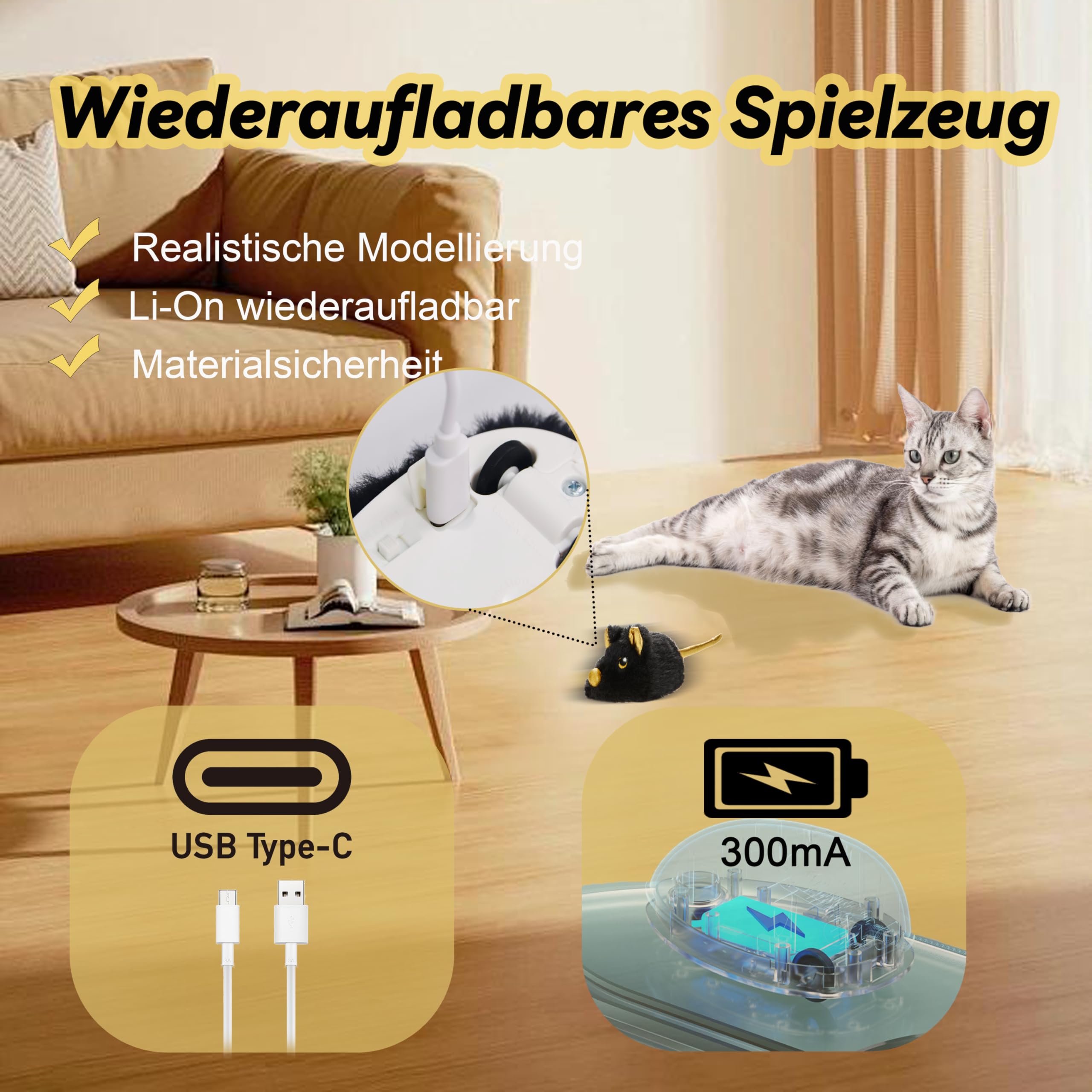Vealind Katzenspielzeug Elektrisch Spielmaus, Katzenspielzeug Mäuse Spielmäuse für Katze mit Umzug USB Wiederaufladbar Interaktive Spielzeug Maus (Schwarz)
