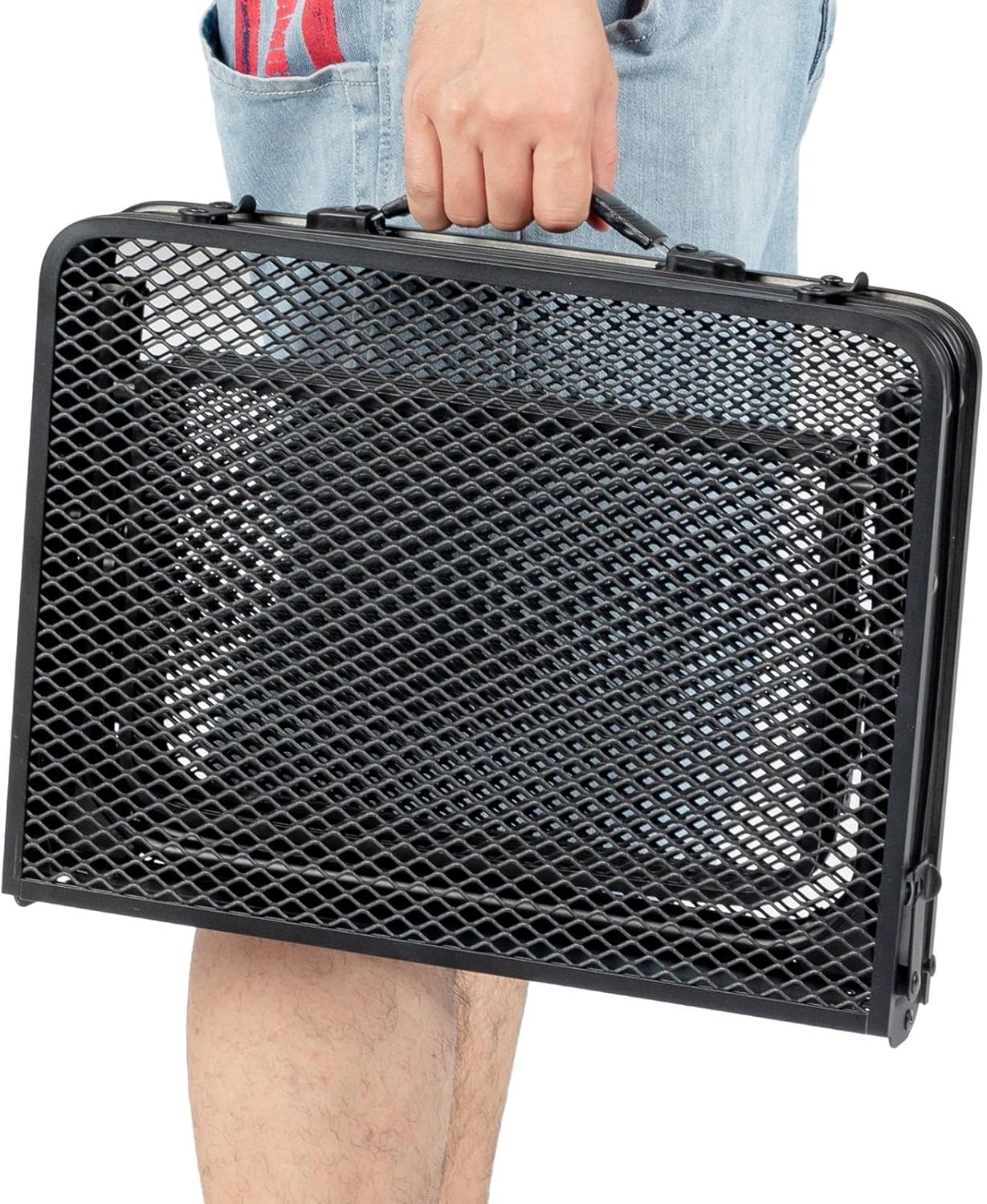 Black Outdoor Folding Table Aluminum Frame Iron Grid Top Rectangular Small Side Tables on Both Sides, 48*8*34cm