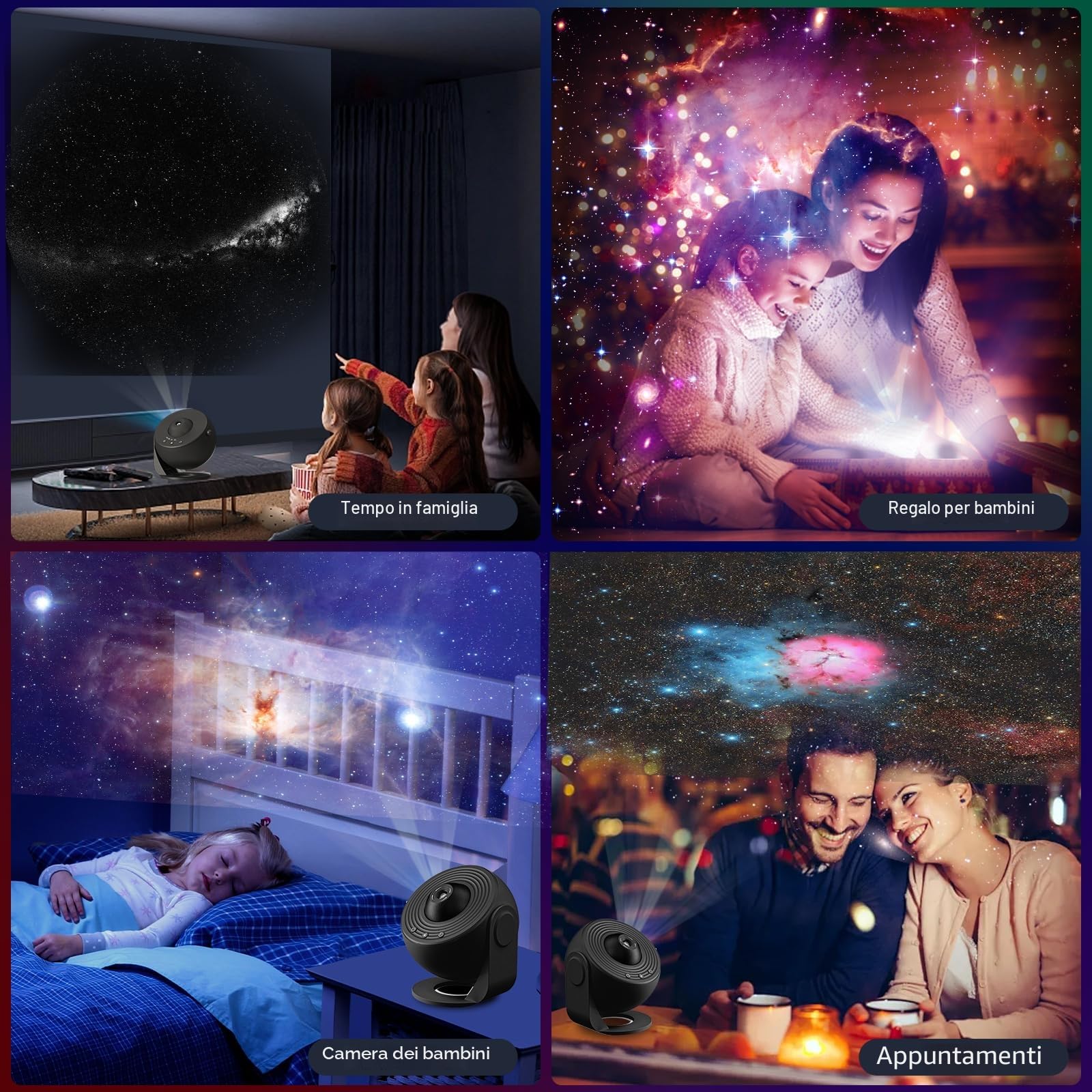 CUTEEEE Proiettore Stelle Soffitto Bambini e Adulti – Proiettore Planetario con 13 Dischi: Luna, Sistema Solare, Nebulose – Lampada Cielo Stellato con Timer e Angolo Regolabile a 360°