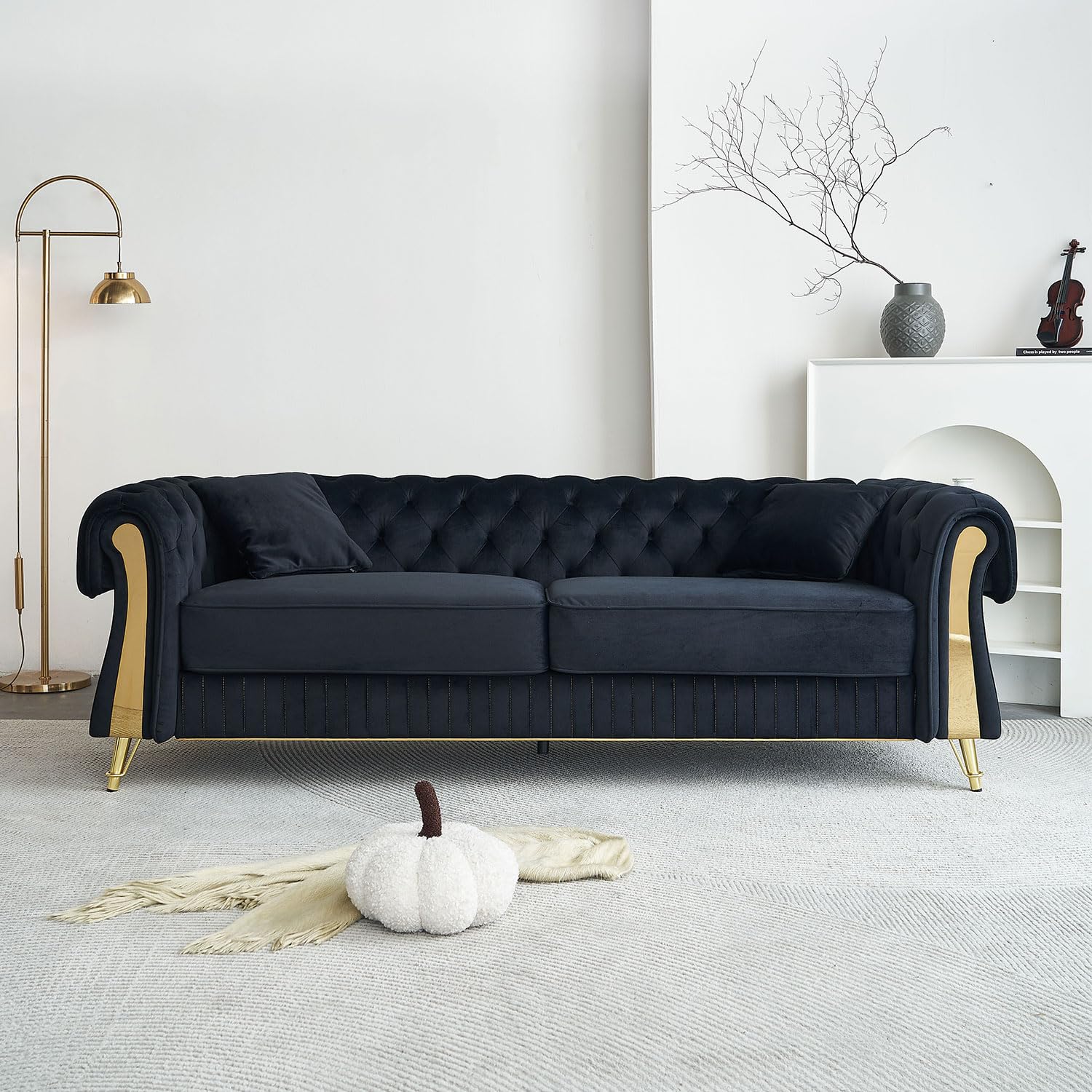 KEIKI 89" Chesterfield Velvet Button Tufted Sofa with High Density Foam Cushions and 2 Toss Pillows, Modern Style 3-Seater Couch with 4 Gold Metal Leg, Easy Assembly, for Living Room, Apartment, Black