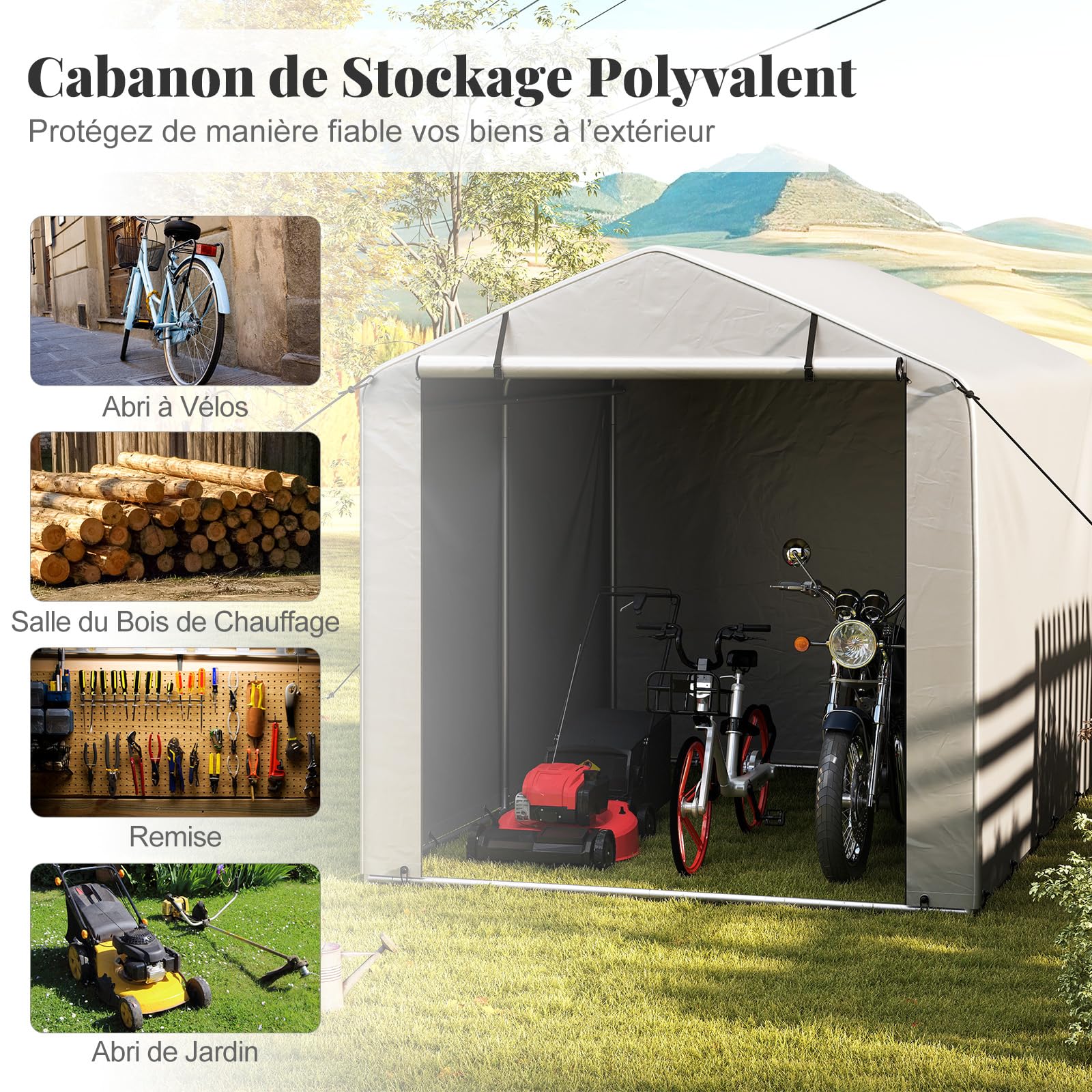 GYMAX Abri pour Motos, Vélos, Outils, Abri Extérieur Jardin Imperméable avec Porte Enroulable à Fermeture Éclair, Tente de Garage Protection,160x218x164CM