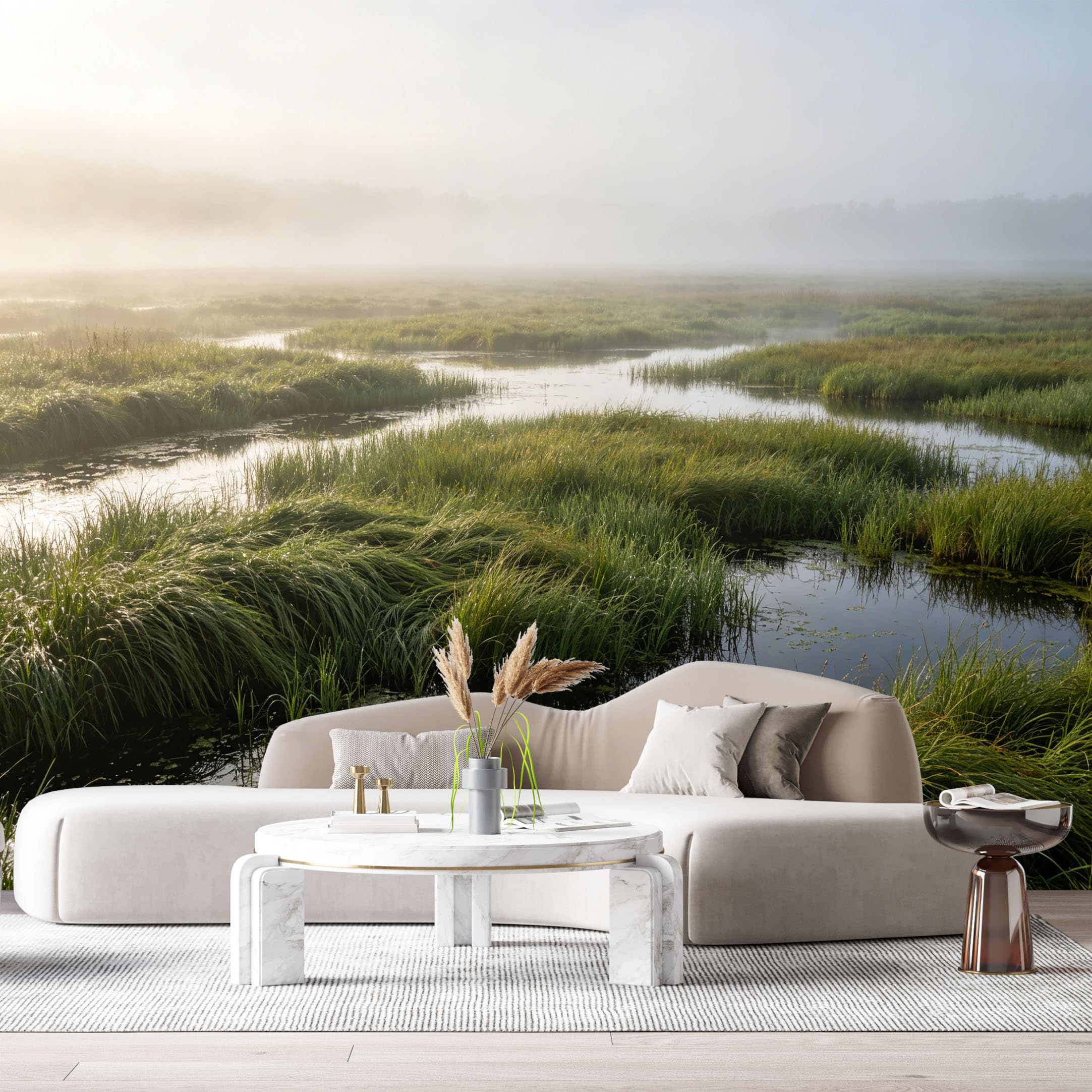 Custom Size Wall Murals Misty Marsh Landscape Water Reflection Morning Fog SelfAdhesive Wall Fabric Removable Large Wallpaper for Photo Living Room