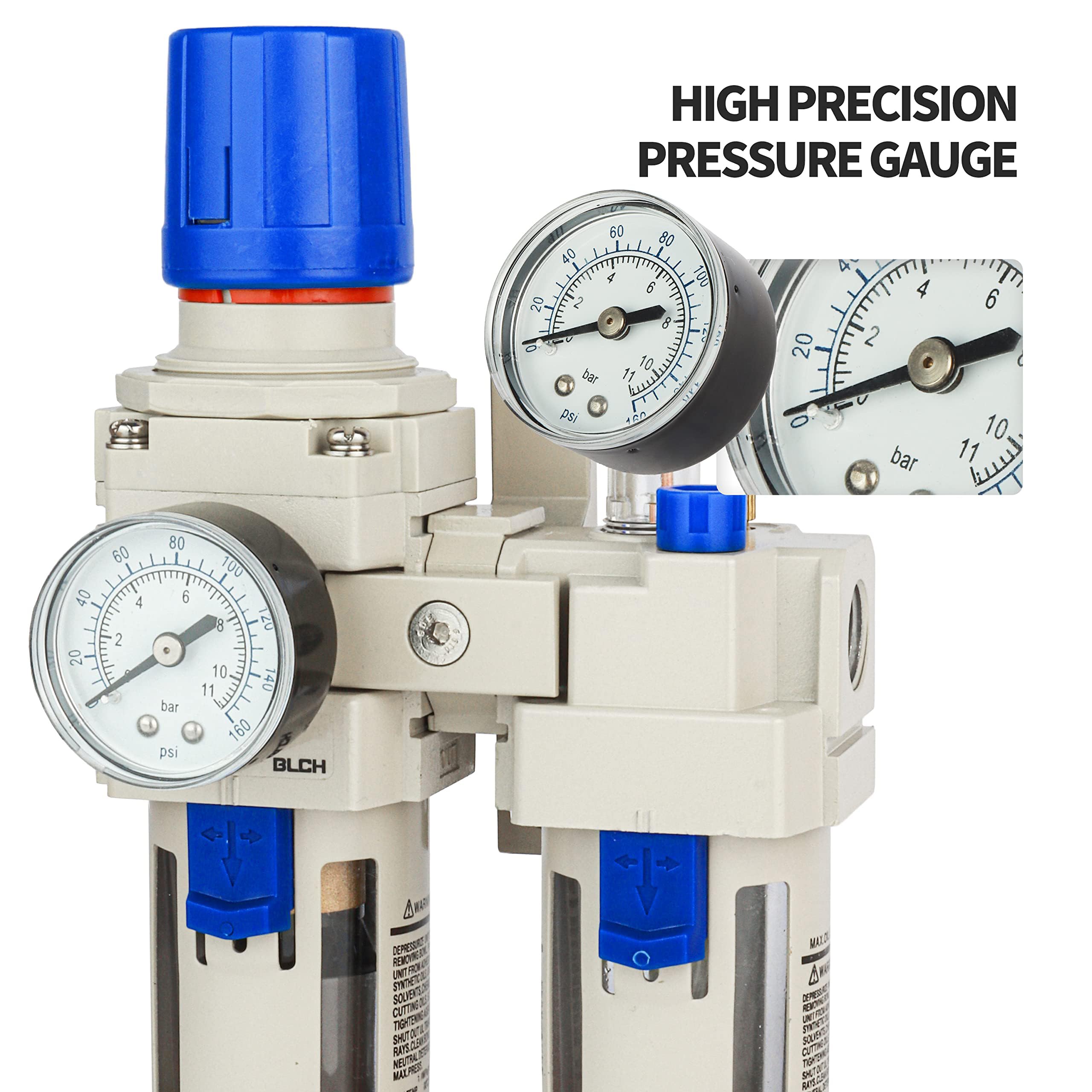 BLCH 1/2" BSP Kompressor-Wasserabscheider - FRL-Kombigerät (Filter-Druckregler-Öler) AC4010-04 mit halbautomatischem Ablass, lebensmittelechtem Polycarbonat-Behälter, Manometer (0-160 PSI/11 bar)