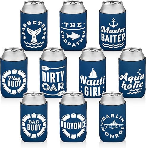 Miniatura 3 de Paquete de 10 fundas para enfriar latas, recuerdos de fiesta en barco, decoraciones de fiesta náutica, accesorios - divertido enfriador de cerveza