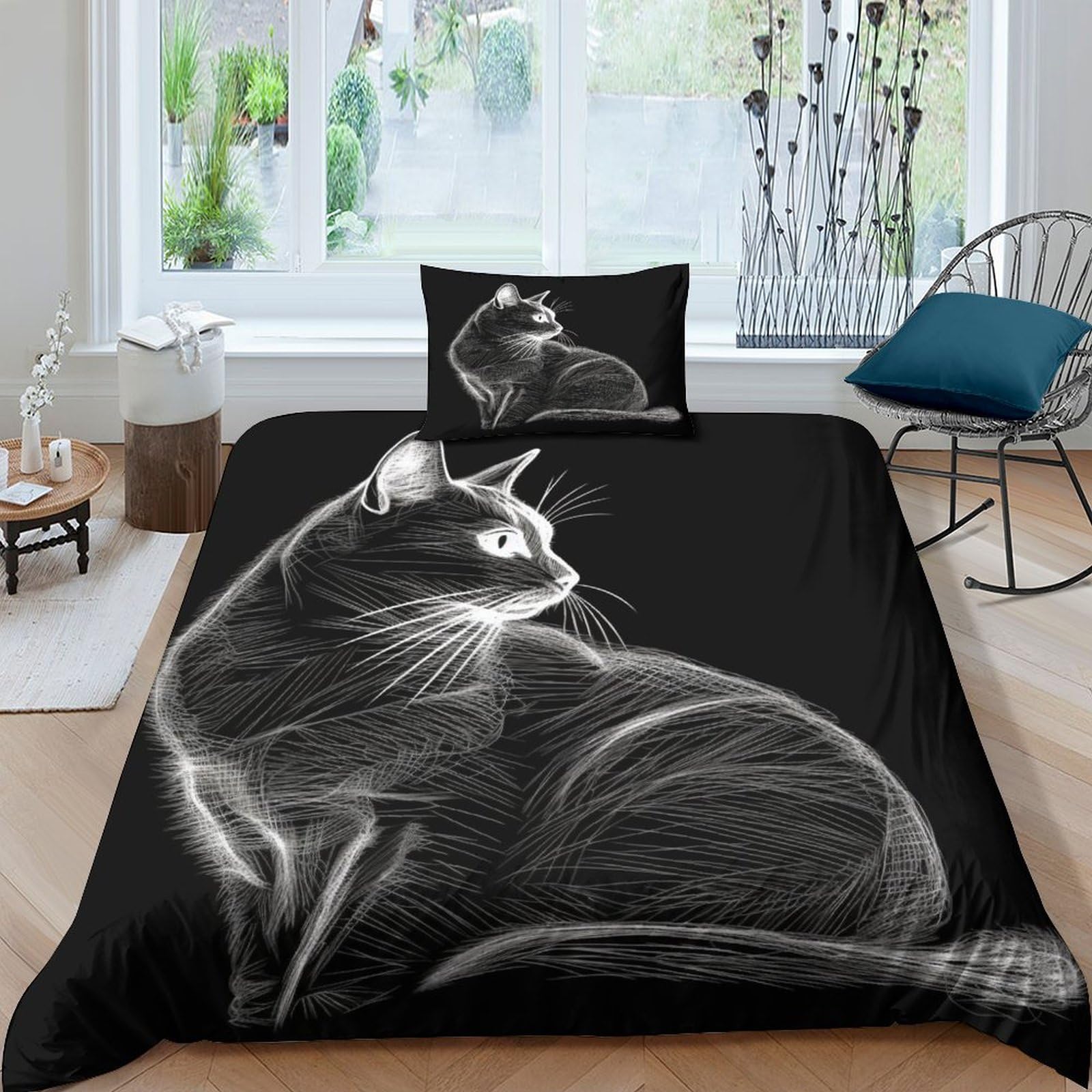 Parure de lit chat 3D housse de couette 135x200cm en microfibre avec taie d'oreiller