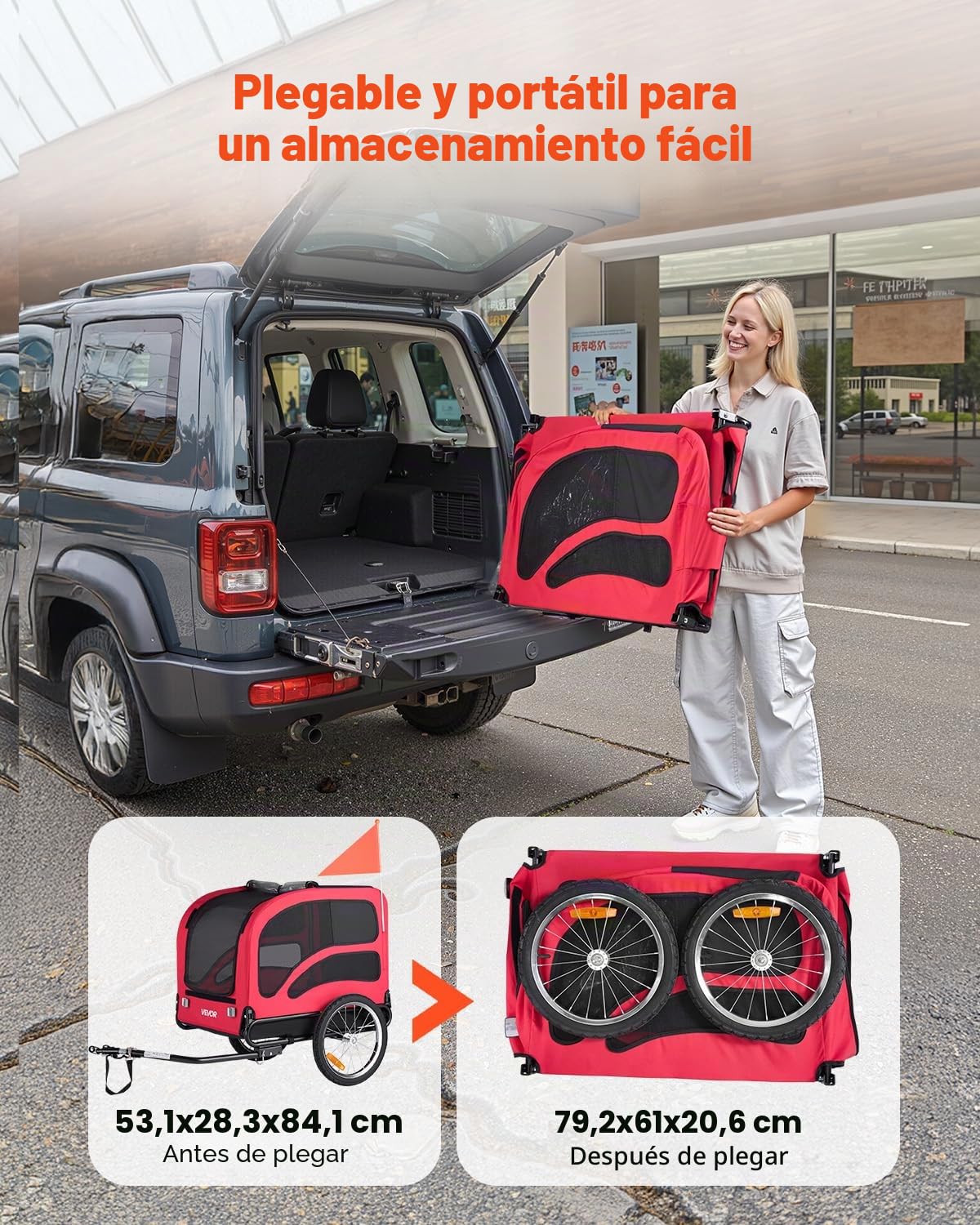 VEVOR Remolque de Bicicleta para Perros, Carga de 45 kg, Portabicicletas Plegable para Perros Pequeños/Grandes con Rueda de Liberación Rápida, Enganche Universal, Reflector, Bandera y Correa Interior