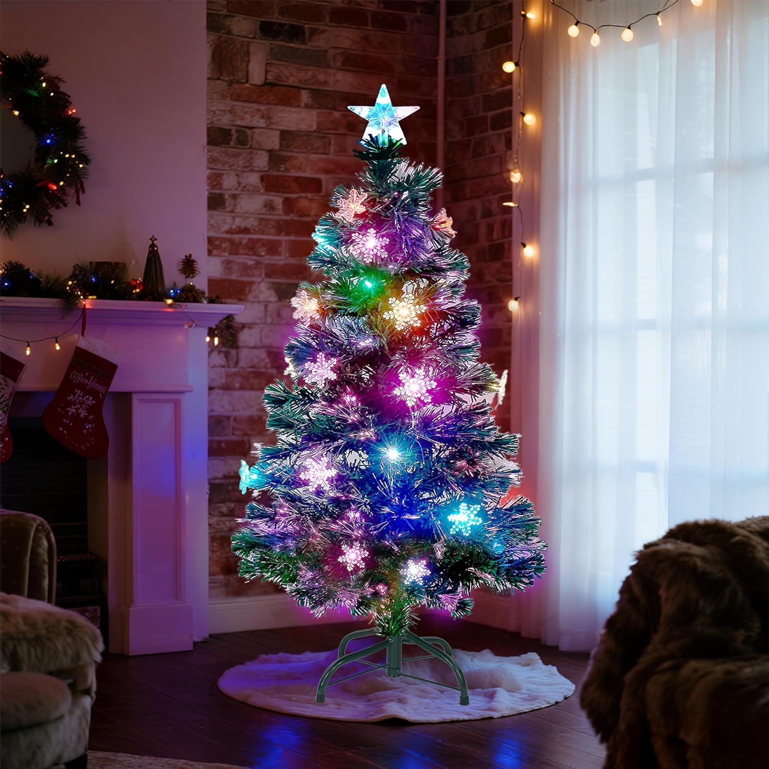 Prsildan 5 FT Artificial Christmas Tree, Pre-Lit Optical Fiber Xmas Trees with Multicolor LED Lights, Snowflakes & Top Star, Lighted Christmas Tree Holiday Home Decor